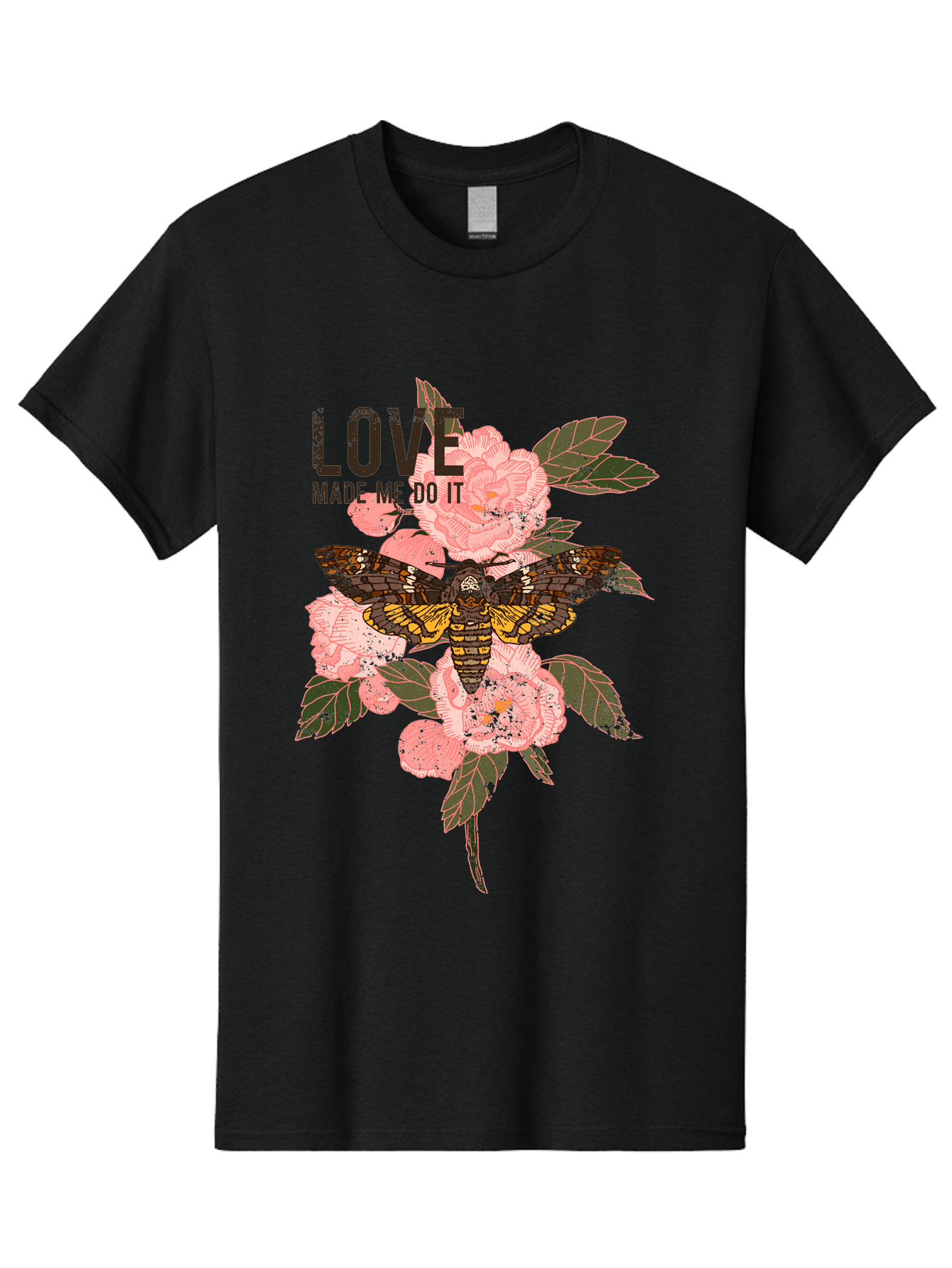 Rose Butterfly -Men Men'S Graphic Tee, 100% Cotton, Comfortable Casual Summer Wear, Machine Washable, Moth On Flowers, Pink Roses, Green Leaves, Love Made Me Do It Quote, Grunge Style, Vintage Aesthetic, Insect Art, Floral Design, Dark Colors, Aae620 27