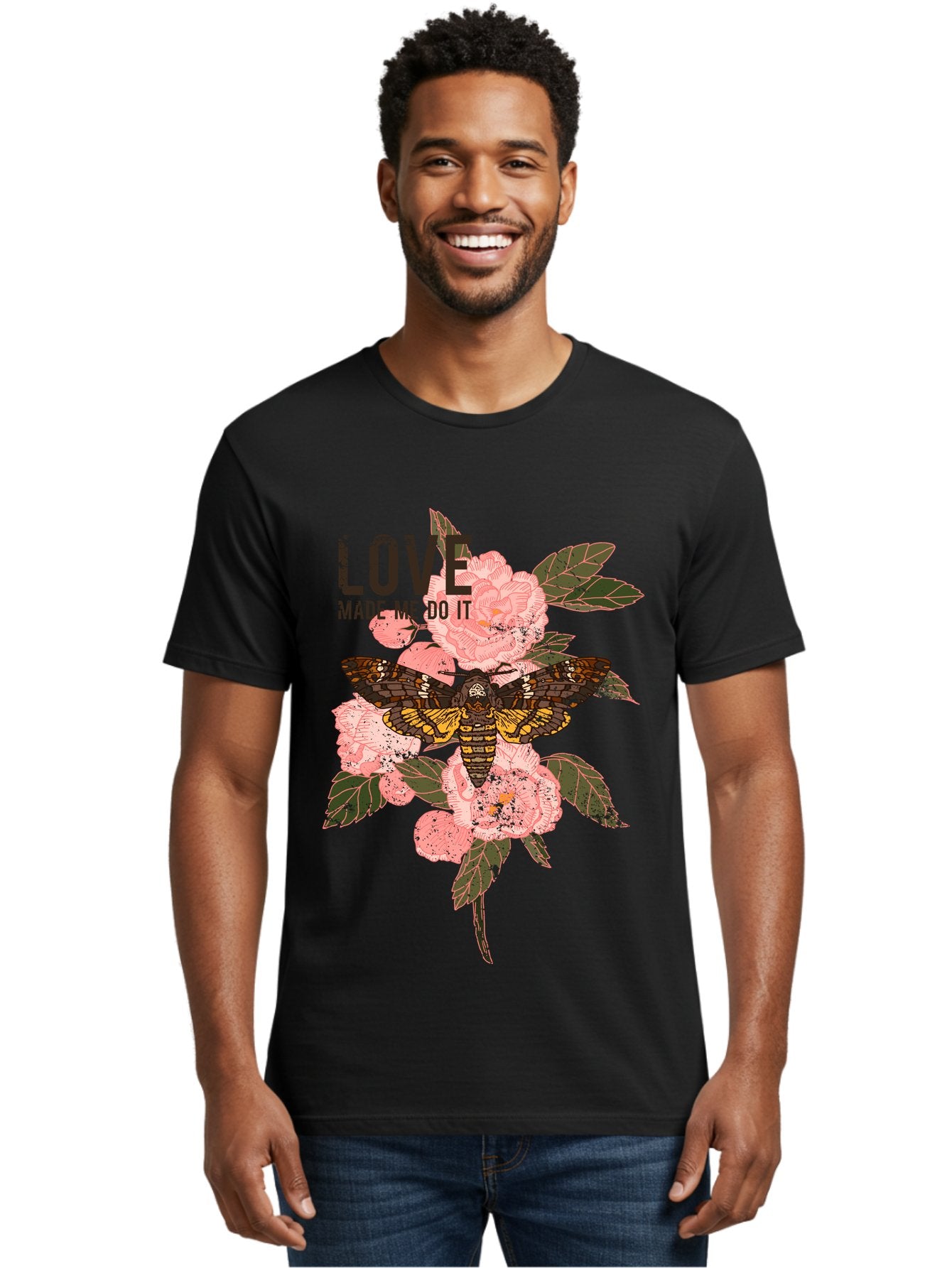 Rose Butterfly -Men Men'S Graphic Tee, 100% Cotton, Comfortable Casual Summer Wear, Machine Washable, Moth On Flowers, Pink Roses, Green Leaves, Love Made Me Do It Quote, Grunge Style, Vintage Aesthetic, Insect Art, Floral Design, Dark Colors, Aae620 28