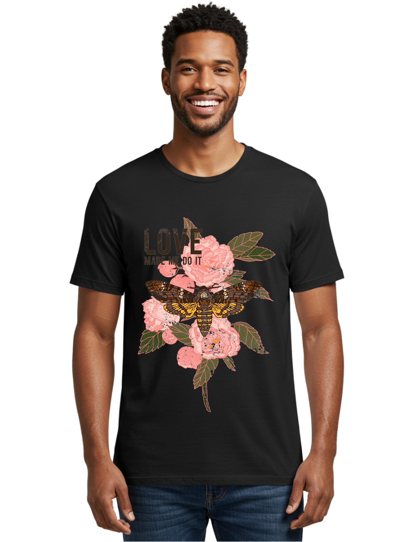 Rose Butterfly -Men Men'S Graphic Tee, 100% Cotton, Comfortable Casual Summer Wear, Machine Washable, Moth On Flowers, Pink Roses, Green Leaves, Love Made Me Do It Quote, Grunge Style, Vintage Aesthetic, Insect Art, Floral Design, Dark Colors, Aae620 28