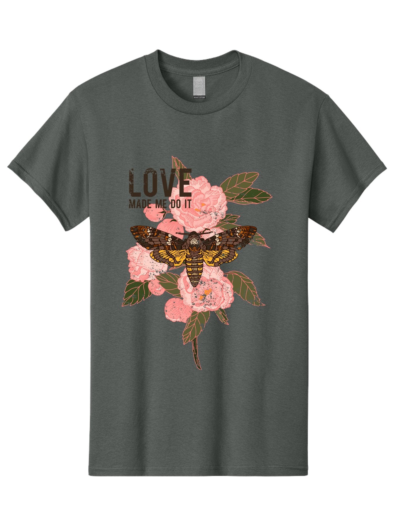 Rose Butterfly -Men Men'S Graphic Tee, 100% Cotton, Comfortable Casual Summer Wear, Machine Washable, Moth On Flowers, Pink Roses, Green Leaves, Love Made Me Do It Quote, Grunge Style, Vintage Aesthetic, Insect Art, Floral Design, Dark Colors, Aae620