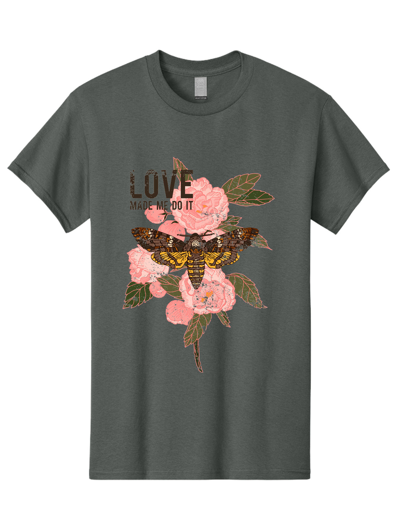 Rose Butterfly -Men Men'S Graphic Tee, 100% Cotton, Comfortable Casual Summer Wear, Machine Washable, Moth On Flowers, Pink Roses, Green Leaves, Love Made Me Do It Quote, Grunge Style, Vintage Aesthetic, Insect Art, Floral Design, Dark Colors, Aae620 5