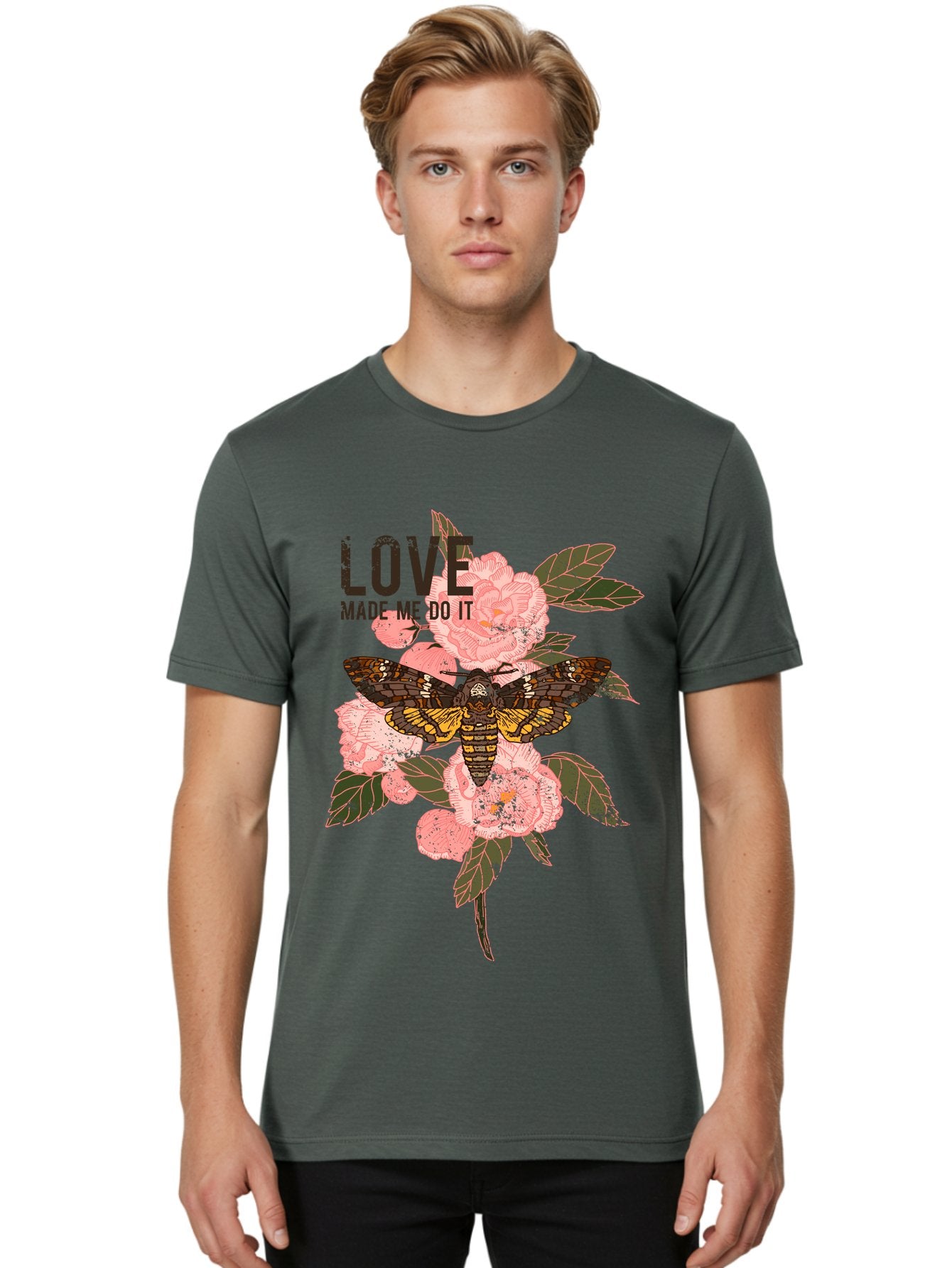 Rose Butterfly -Men Men'S Graphic Tee, 100% Cotton, Comfortable Casual Summer Wear, Machine Washable, Moth On Flowers, Pink Roses, Green Leaves, Love Made Me Do It Quote, Grunge Style, Vintage Aesthetic, Insect Art, Floral Design, Dark Colors, Aae620 21