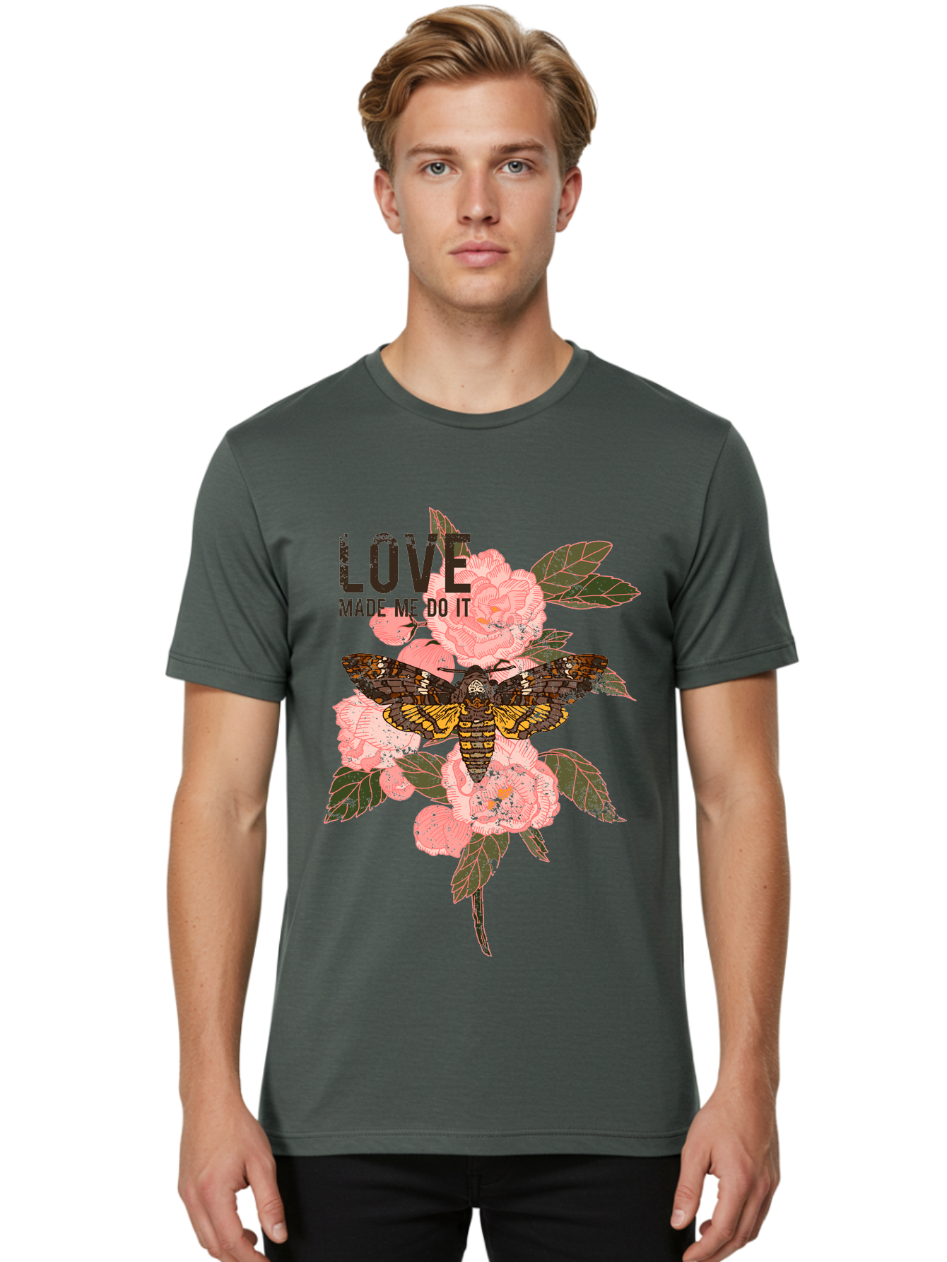 Rose Butterfly -Men Men'S Graphic Tee, 100% Cotton, Comfortable Casual Summer Wear, Machine Washable, Moth On Flowers, Pink Roses, Green Leaves, Love Made Me Do It Quote, Grunge Style, Vintage Aesthetic, Insect Art, Floral Design, Dark Colors, Aae620 6