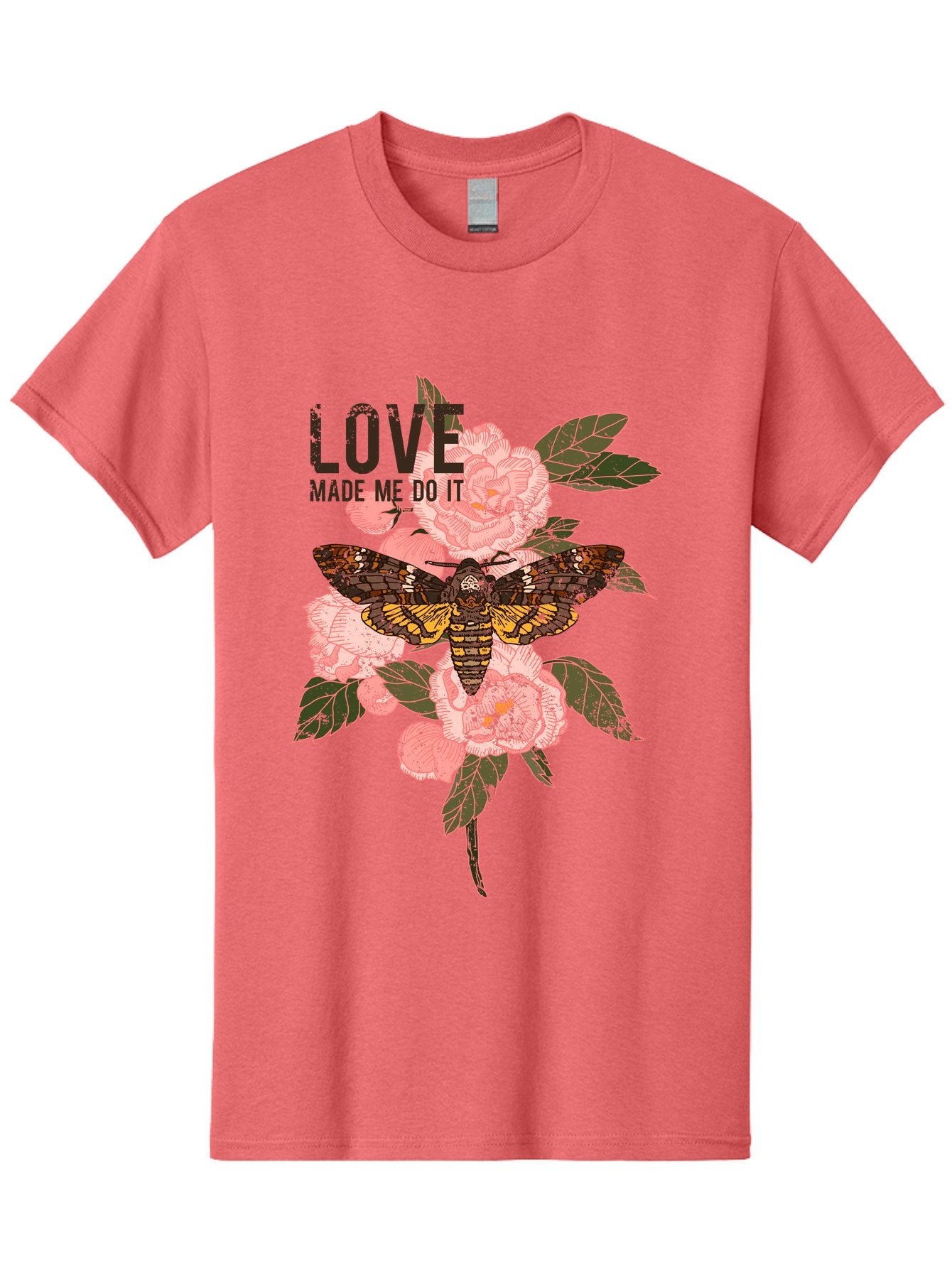 Rose Butterfly -Men Men'S Graphic Tee, 100% Cotton, Comfortable Casual Summer Wear, Machine Washable, Moth On Flowers, Pink Roses, Green Leaves, Love Made Me Do It Quote, Grunge Style, Vintage Aesthetic, Insect Art, Floral Design, Dark Colors, Aae620 13