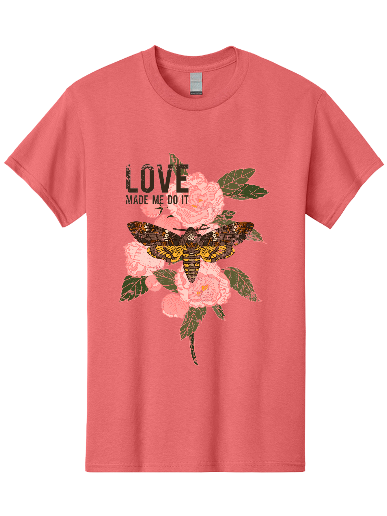 Rose Butterfly -Men Men'S Graphic Tee, 100% Cotton, Comfortable Casual Summer Wear, Machine Washable, Moth On Flowers, Pink Roses, Green Leaves, Love Made Me Do It Quote, Grunge Style, Vintage Aesthetic, Insect Art, Floral Design, Dark Colors, Aae620 25