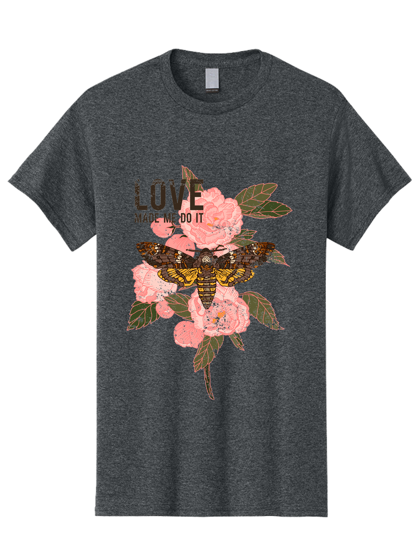 Rose Butterfly -Men Men'S Graphic Tee, 100% Cotton, Comfortable Casual Summer Wear, Machine Washable, Moth On Flowers, Pink Roses, Green Leaves, Love Made Me Do It Quote, Grunge Style, Vintage Aesthetic, Insect Art, Floral Design, Dark Colors, Aae620 11