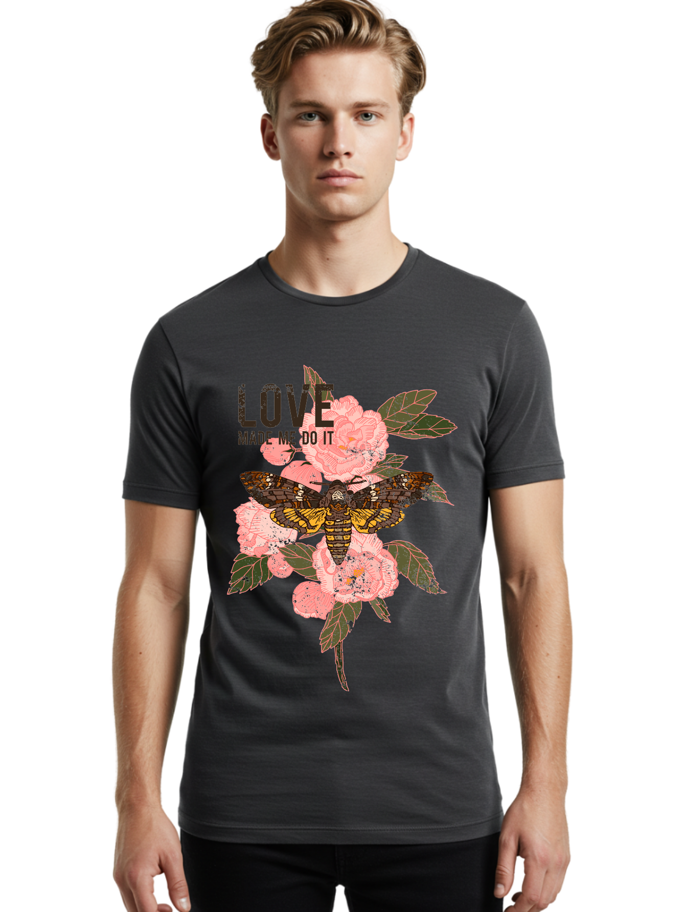 Rose Butterfly -Men Men'S Graphic Tee, 100% Cotton, Comfortable Casual Summer Wear, Machine Washable, Moth On Flowers, Pink Roses, Green Leaves, Love Made Me Do It Quote, Grunge Style, Vintage Aesthetic, Insect Art, Floral Design, Dark Colors, Aae620 12