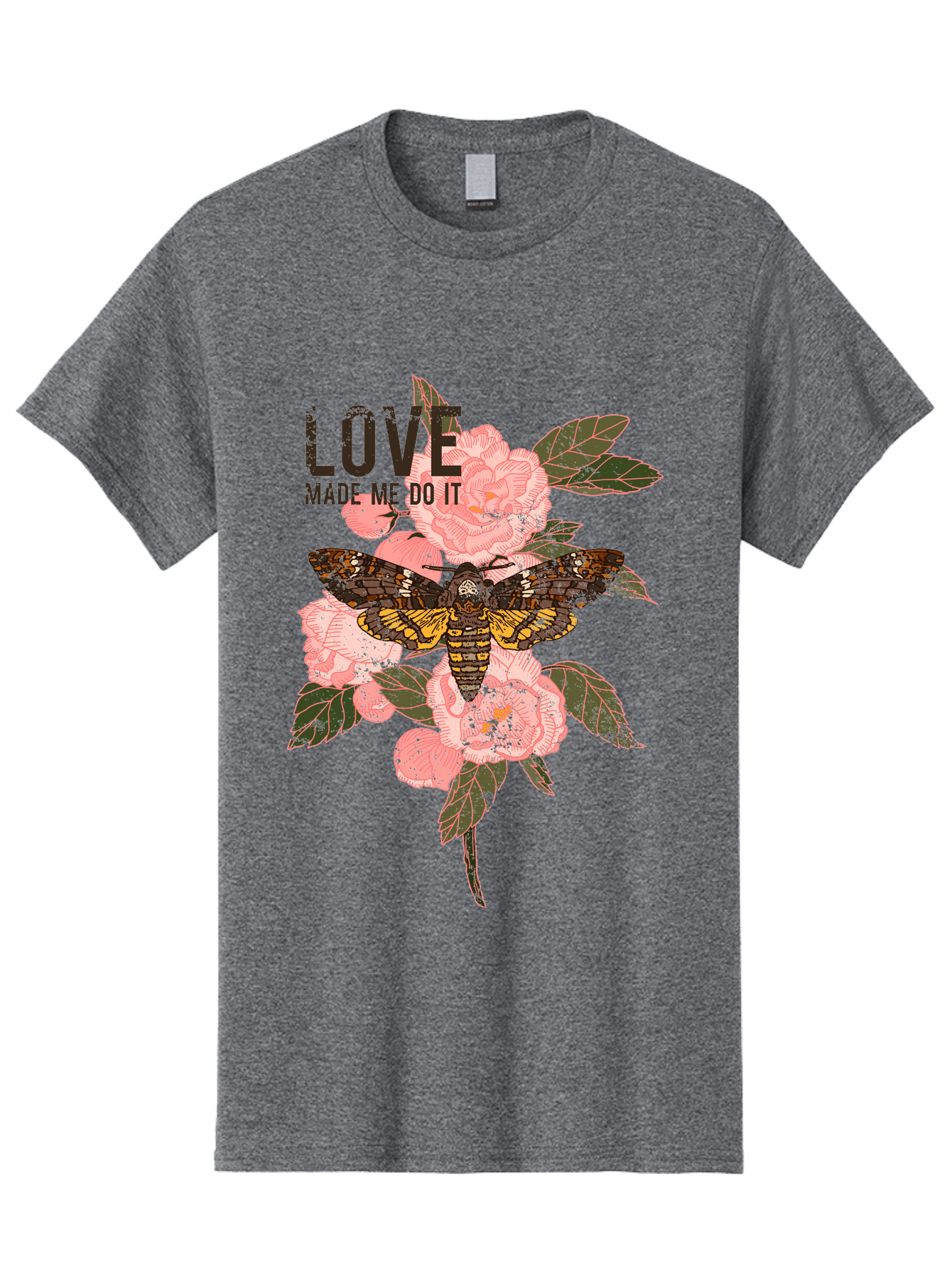 Rose Butterfly -Men Men'S Graphic Tee, 100% Cotton, Comfortable Casual Summer Wear, Machine Washable, Moth On Flowers, Pink Roses, Green Leaves, Love Made Me Do It Quote, Grunge Style, Vintage Aesthetic, Insect Art, Floral Design, Dark Colors, Aae620 23