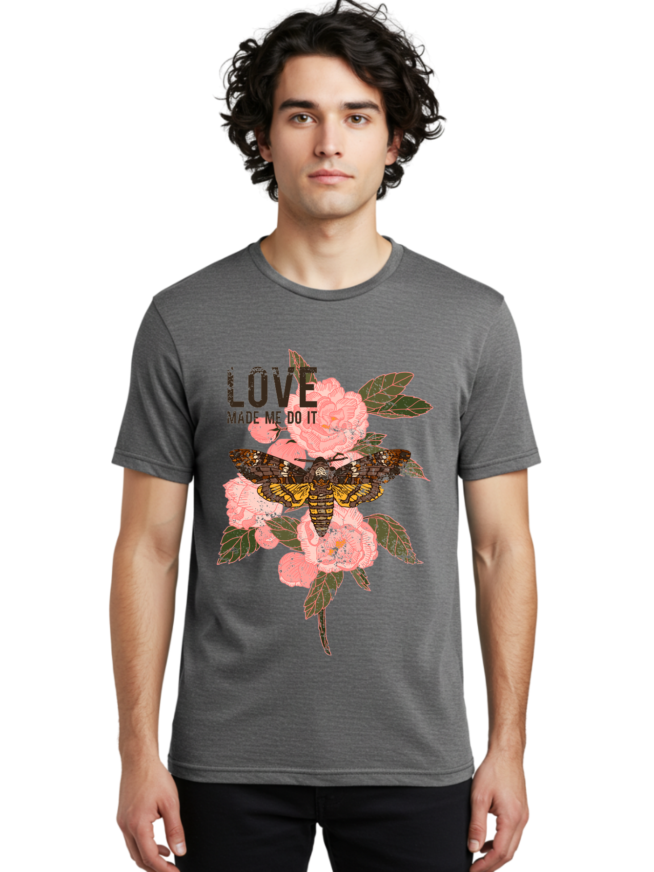 Rose Butterfly -Men Men'S Graphic Tee, 100% Cotton, Comfortable Casual Summer Wear, Machine Washable, Moth On Flowers, Pink Roses, Green Leaves, Love Made Me Do It Quote, Grunge Style, Vintage Aesthetic, Insect Art, Floral Design, Dark Colors, Aae620 24