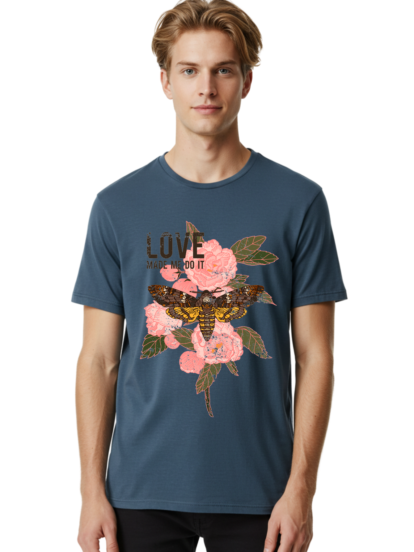 Rose Butterfly -Men Men'S Graphic Tee, 100% Cotton, Comfortable Casual Summer Wear, Machine Washable, Moth On Flowers, Pink Roses, Green Leaves, Love Made Me Do It Quote, Grunge Style, Vintage Aesthetic, Insect Art, Floral Design, Dark Colors, Aae620 8