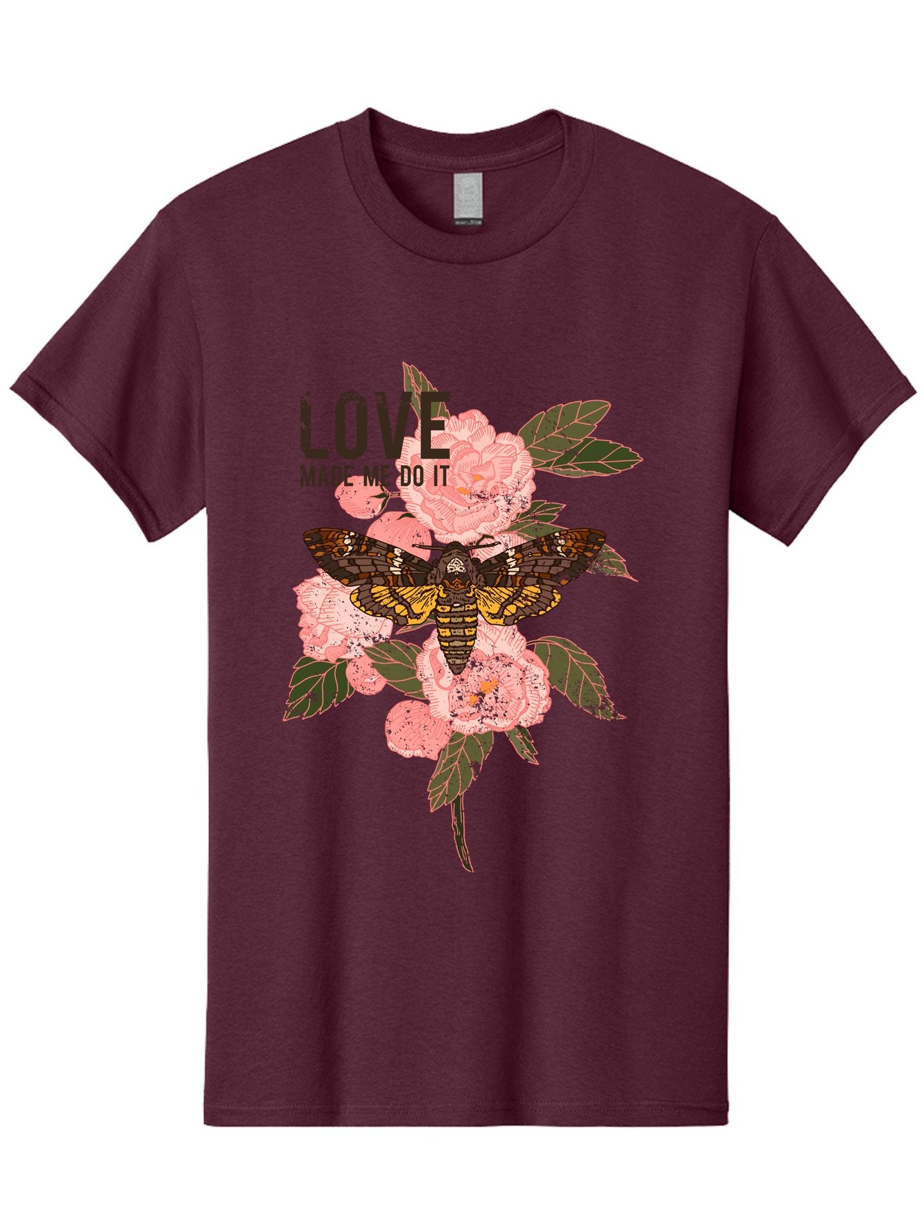 Rose Butterfly -Men Men'S Graphic Tee, 100% Cotton, Comfortable Casual Summer Wear, Machine Washable, Moth On Flowers, Pink Roses, Green Leaves, Love Made Me Do It Quote, Grunge Style, Vintage Aesthetic, Insect Art, Floral Design, Dark Colors, Aae620 14
