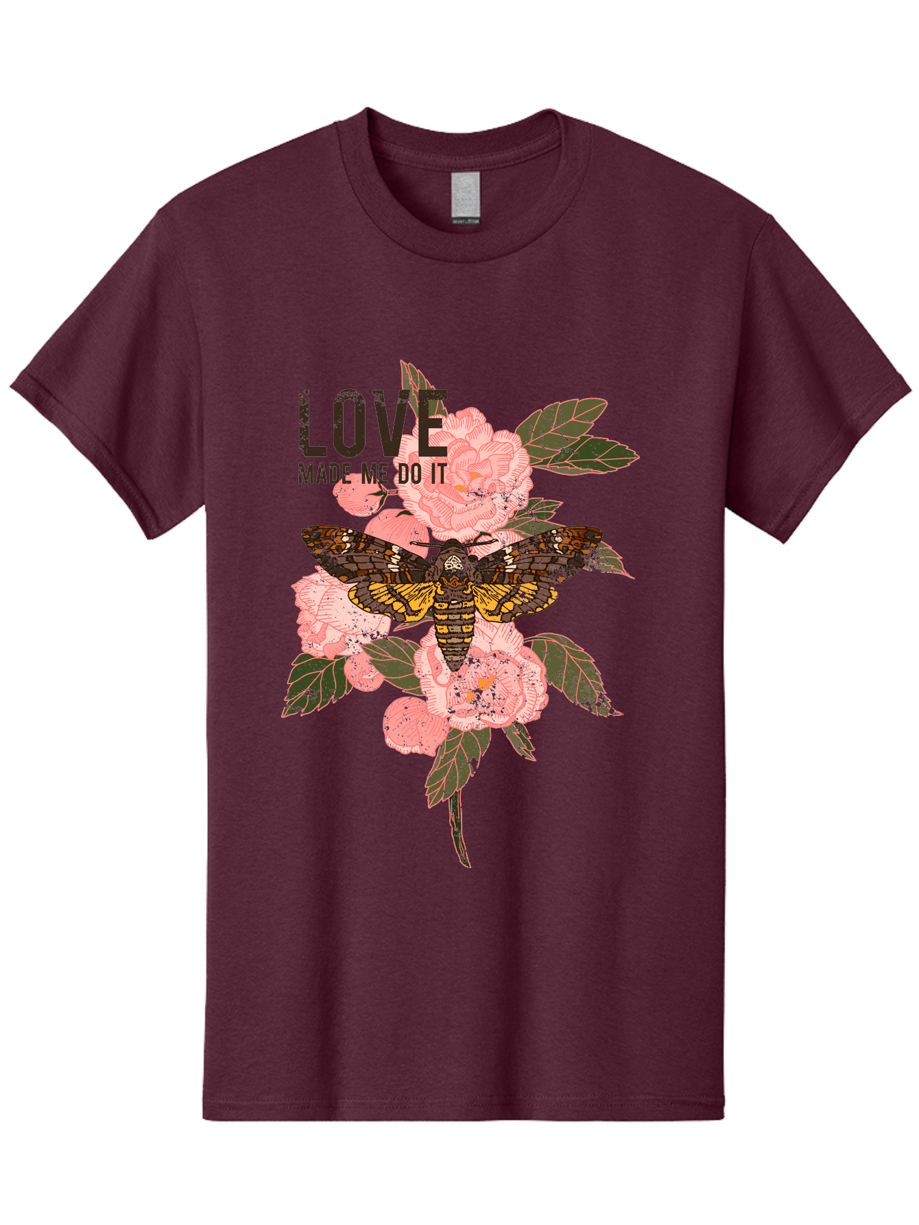 Rose Butterfly -Men Men'S Graphic Tee, 100% Cotton, Comfortable Casual Summer Wear, Machine Washable, Moth On Flowers, Pink Roses, Green Leaves, Love Made Me Do It Quote, Grunge Style, Vintage Aesthetic, Insect Art, Floral Design, Dark Colors, Aae620 15