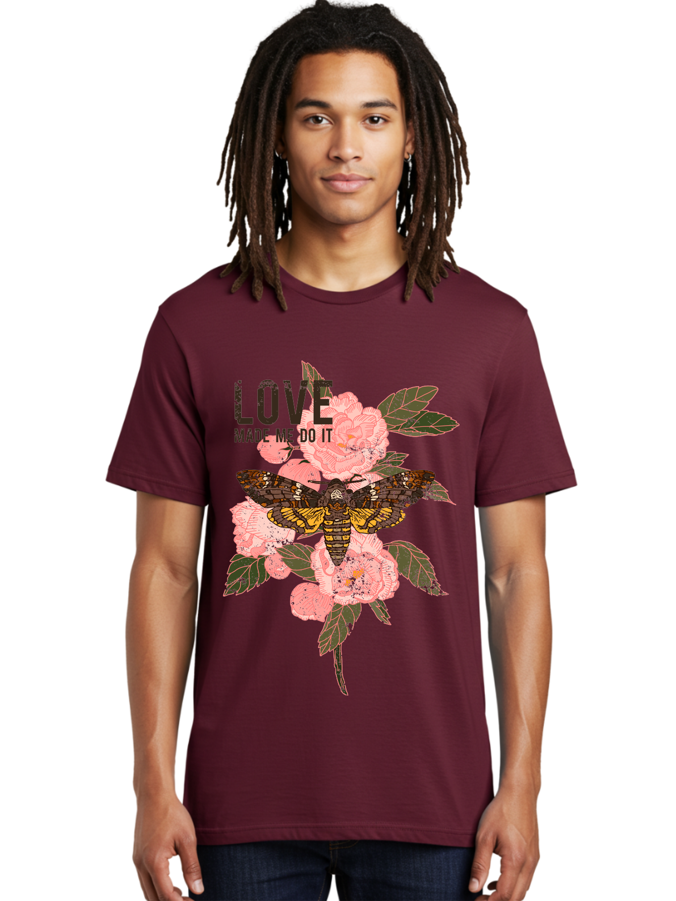 Rose Butterfly -Men Men'S Graphic Tee, 100% Cotton, Comfortable Casual Summer Wear, Machine Washable, Moth On Flowers, Pink Roses, Green Leaves, Love Made Me Do It Quote, Grunge Style, Vintage Aesthetic, Insect Art, Floral Design, Dark Colors, Aae620 16