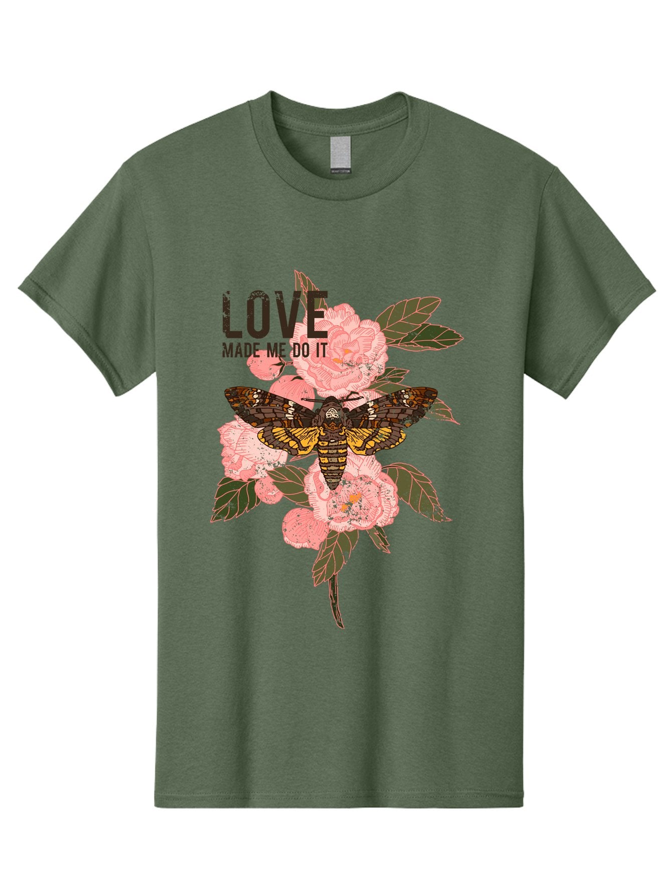 Rose Butterfly -Men Men'S Graphic Tee, 100% Cotton, Comfortable Casual Summer Wear, Machine Washable, Moth On Flowers, Pink Roses, Green Leaves, Love Made Me Do It Quote, Grunge Style, Vintage Aesthetic, Insect Art, Floral Design, Dark Colors, Aae620 3