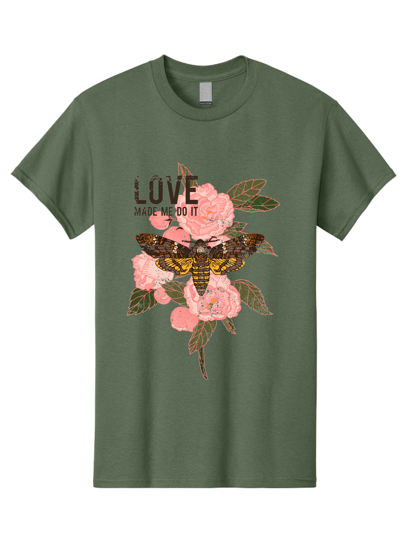 Rose Butterfly -Men Men'S Graphic Tee, 100% Cotton, Comfortable Casual Summer Wear, Machine Washable, Moth On Flowers, Pink Roses, Green Leaves, Love Made Me Do It Quote, Grunge Style, Vintage Aesthetic, Insect Art, Floral Design, Dark Colors, Aae620 9