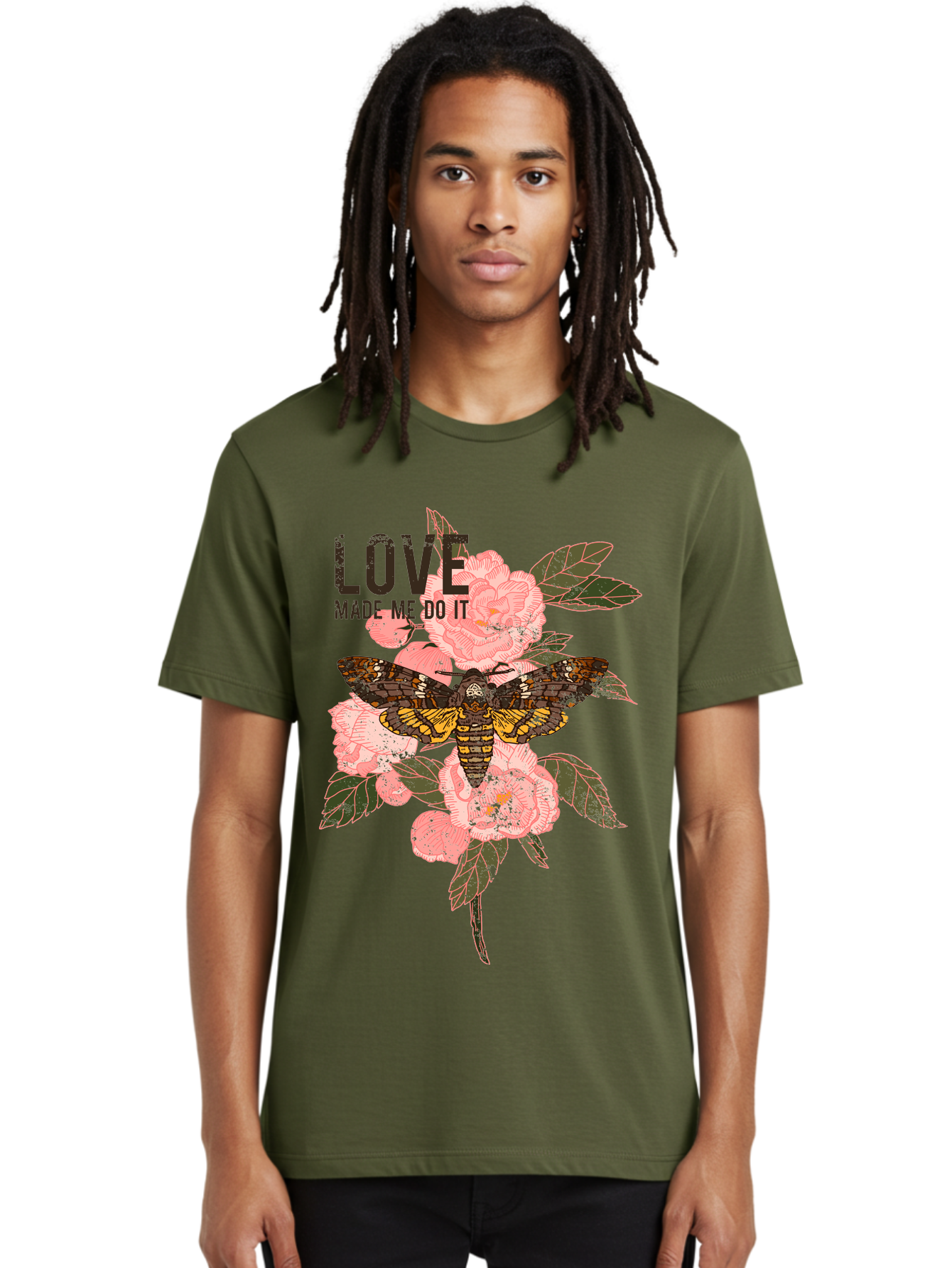 Rose Butterfly -Men Men'S Graphic Tee, 100% Cotton, Comfortable Casual Summer Wear, Machine Washable, Moth On Flowers, Pink Roses, Green Leaves, Love Made Me Do It Quote, Grunge Style, Vintage Aesthetic, Insect Art, Floral Design, Dark Colors, Aae620 10