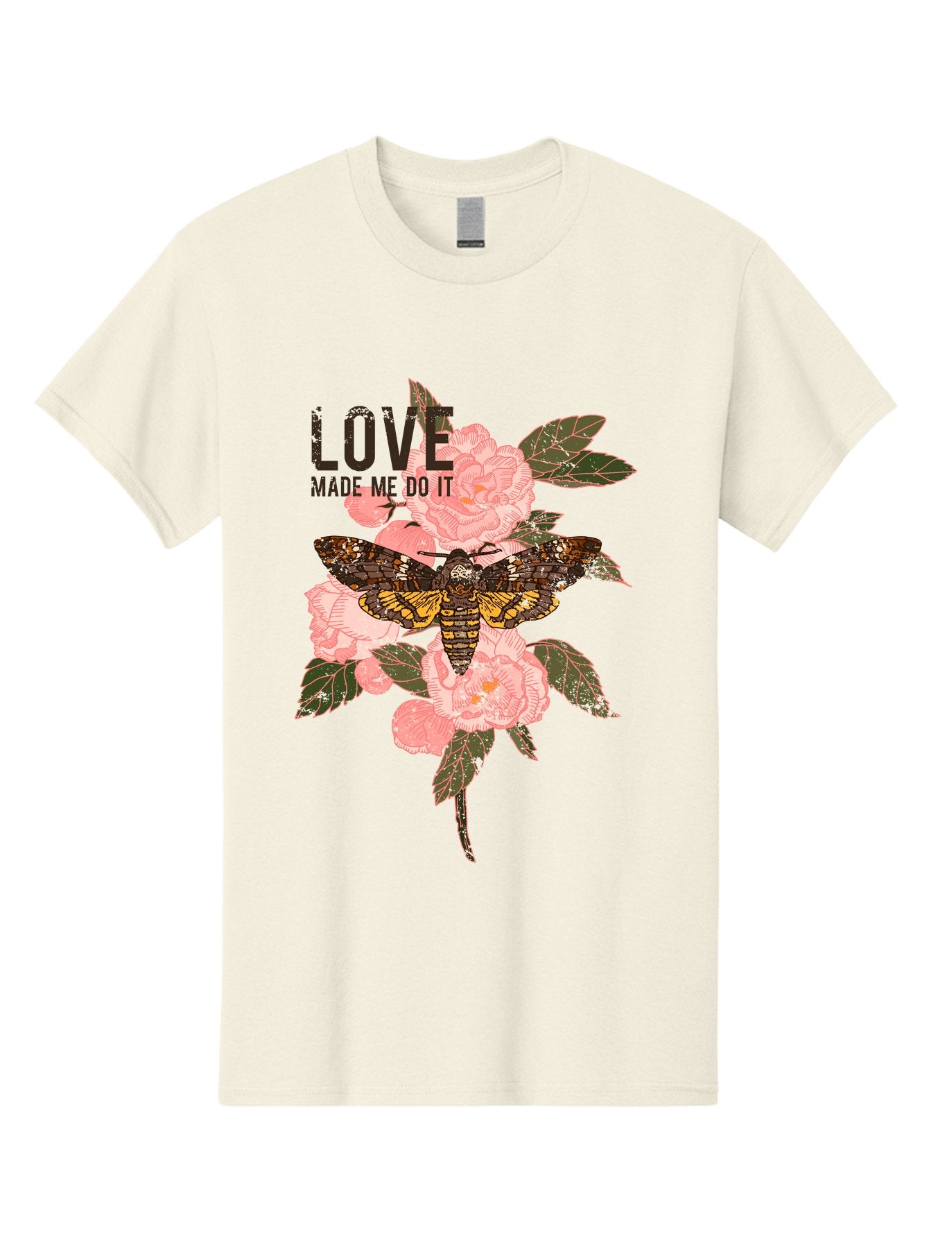 Rose Butterfly -Men Men'S Graphic Tee, 100% Cotton, Comfortable Casual Summer Wear, Machine Washable, Moth On Flowers, Pink Roses, Green Leaves, Love Made Me Do It Quote, Grunge Style, Vintage Aesthetic, Insect Art, Floral Design, Dark Colors, Aae620 8