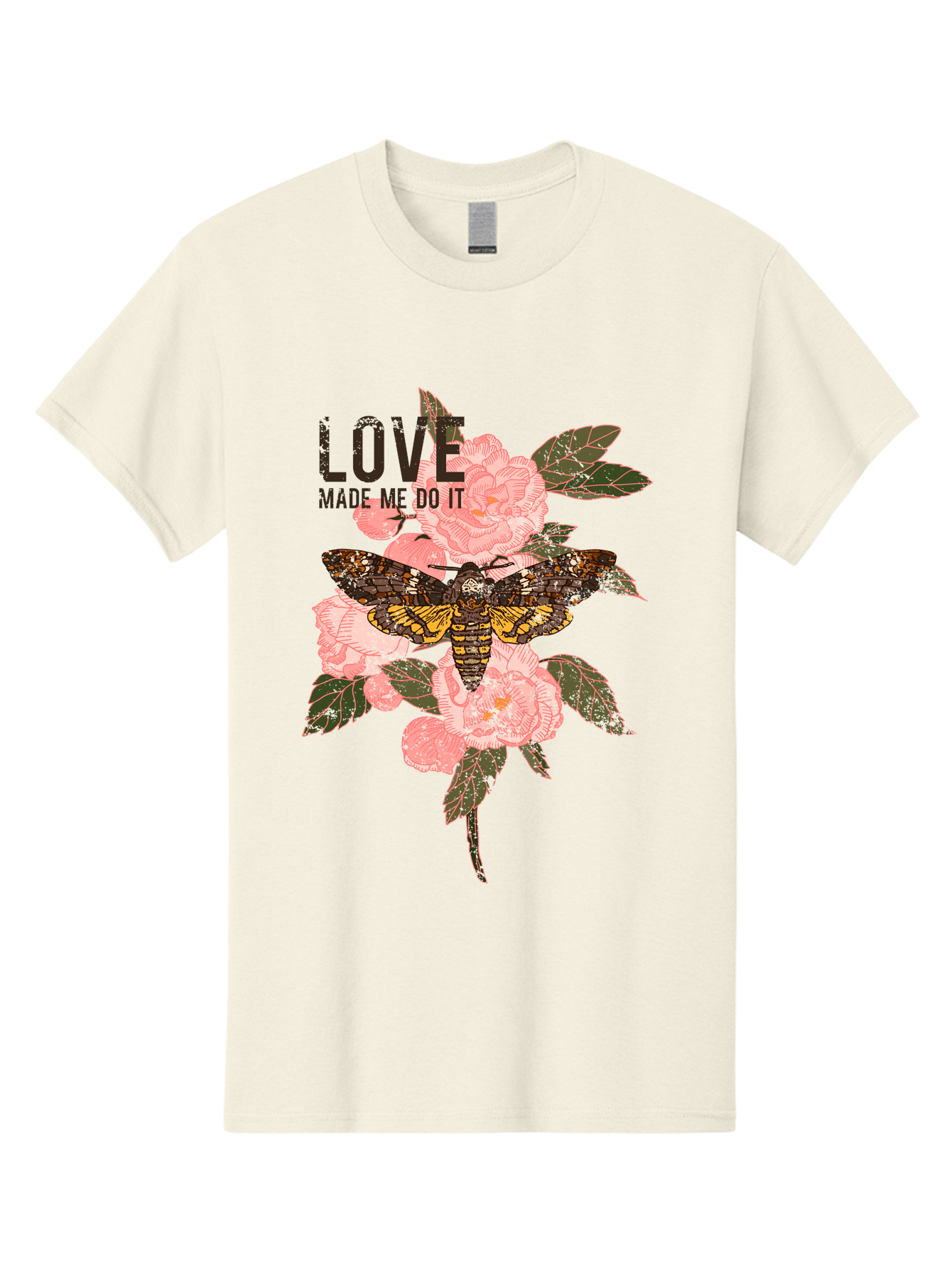 Rose Butterfly -Men Men'S Graphic Tee, 100% Cotton, Comfortable Casual Summer Wear, Machine Washable, Moth On Flowers, Pink Roses, Green Leaves, Love Made Me Do It Quote, Grunge Style, Vintage Aesthetic, Insect Art, Floral Design, Dark Colors, Aae620 21
