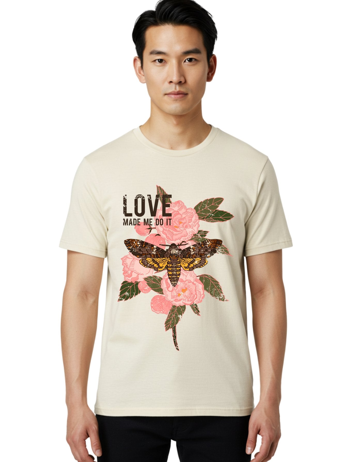 Rose Butterfly -Men Men'S Graphic Tee, 100% Cotton, Comfortable Casual Summer Wear, Machine Washable, Moth On Flowers, Pink Roses, Green Leaves, Love Made Me Do It Quote, Grunge Style, Vintage Aesthetic, Insect Art, Floral Design, Dark Colors, Aae620 25