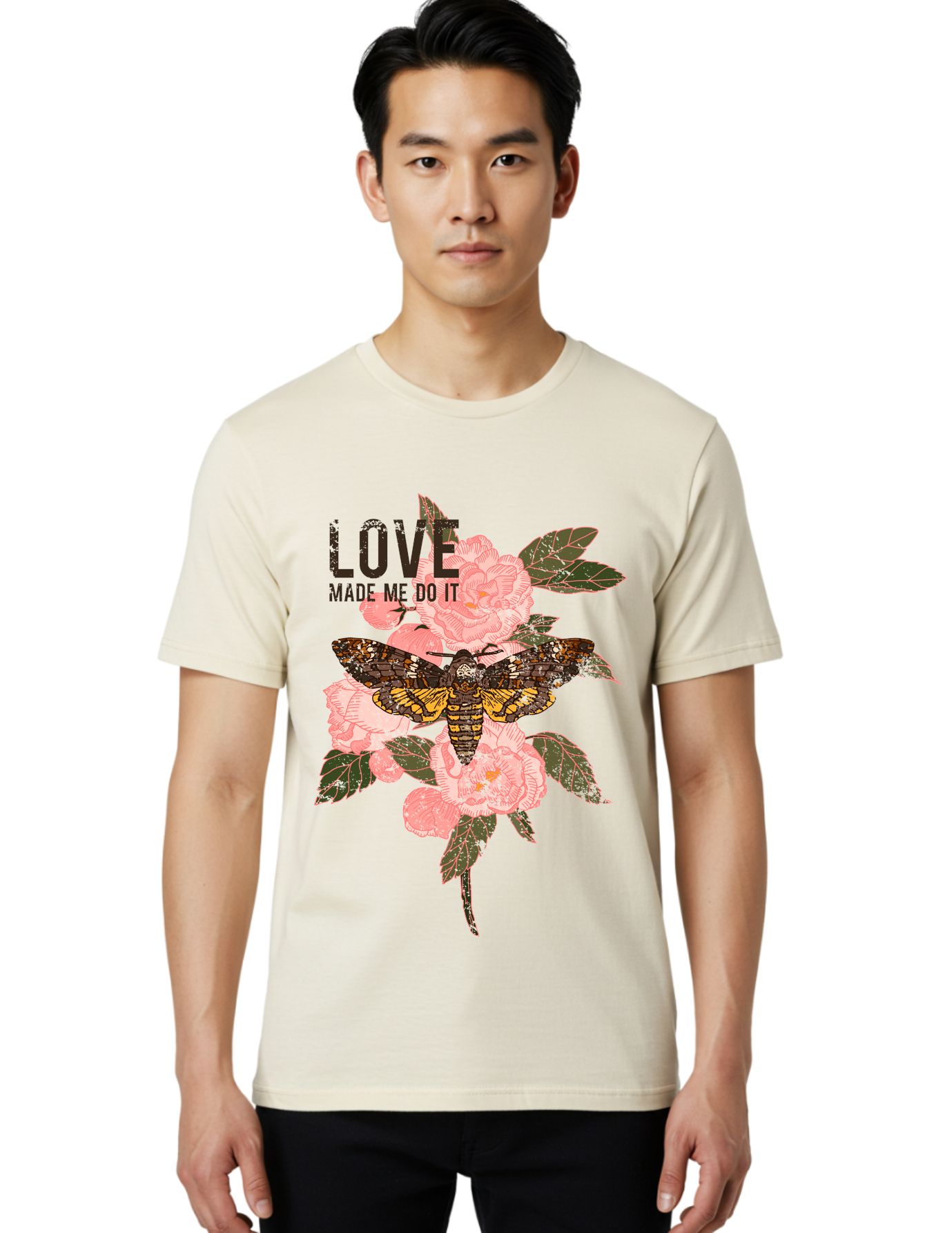 Rose Butterfly -Men Men'S Graphic Tee, 100% Cotton, Comfortable Casual Summer Wear, Machine Washable, Moth On Flowers, Pink Roses, Green Leaves, Love Made Me Do It Quote, Grunge Style, Vintage Aesthetic, Insect Art, Floral Design, Dark Colors, Aae620 22