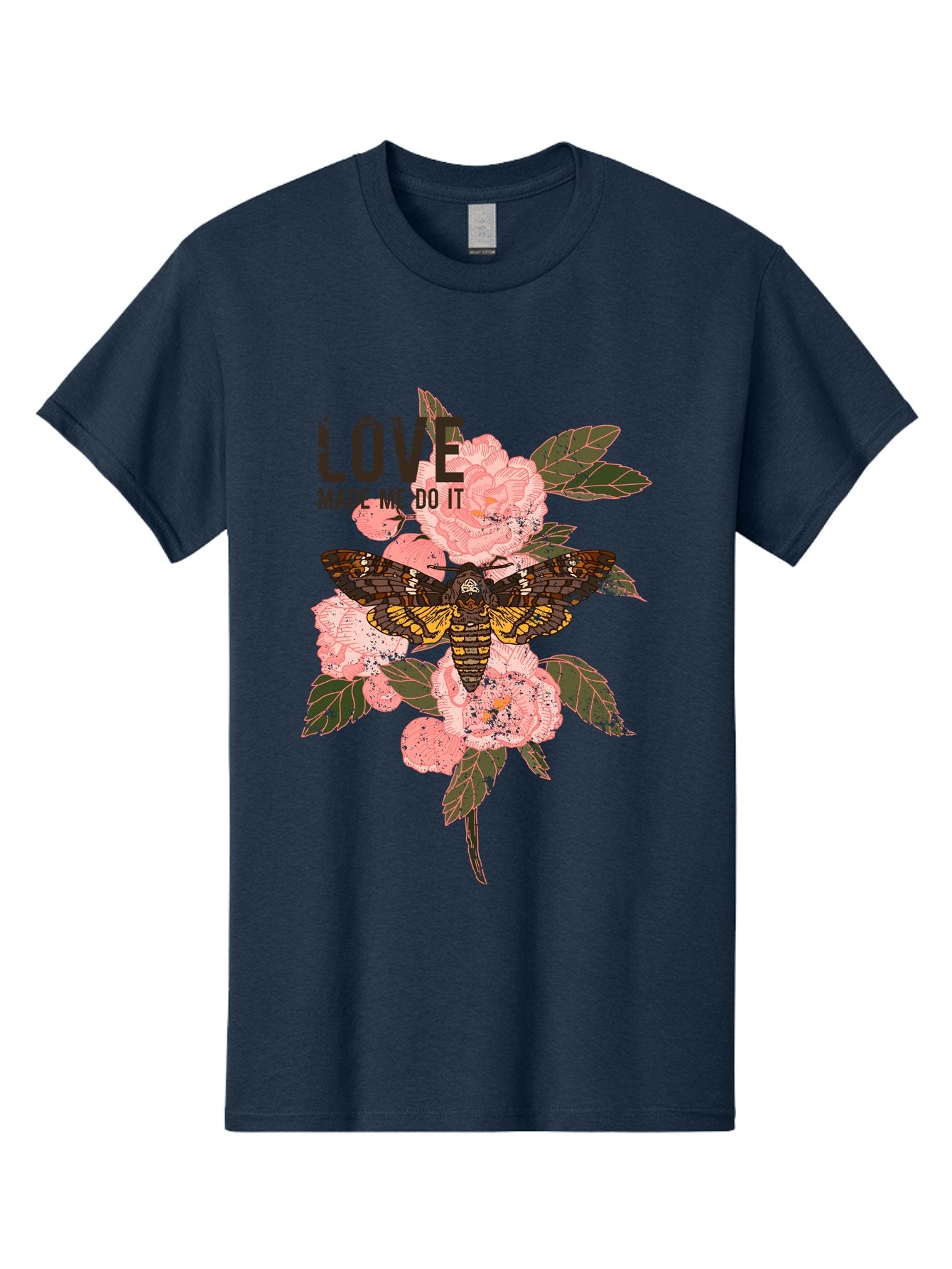 Rose Butterfly -Men Men'S Graphic Tee, 100% Cotton, Comfortable Casual Summer Wear, Machine Washable, Moth On Flowers, Pink Roses, Green Leaves, Love Made Me Do It Quote, Grunge Style, Vintage Aesthetic, Insect Art, Floral Design, Dark Colors, Aae620 11