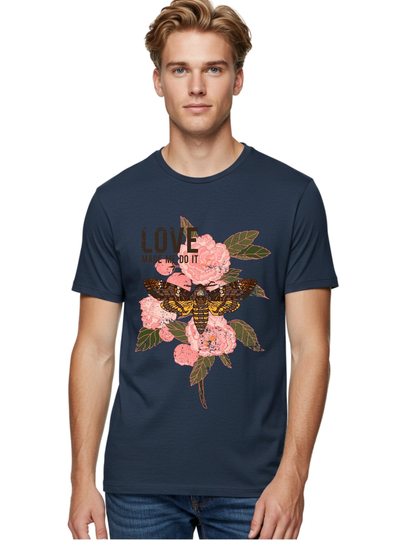 Rose Butterfly -Men Men'S Graphic Tee, 100% Cotton, Comfortable Casual Summer Wear, Machine Washable, Moth On Flowers, Pink Roses, Green Leaves, Love Made Me Do It Quote, Grunge Style, Vintage Aesthetic, Insect Art, Floral Design, Dark Colors, Aae620 27