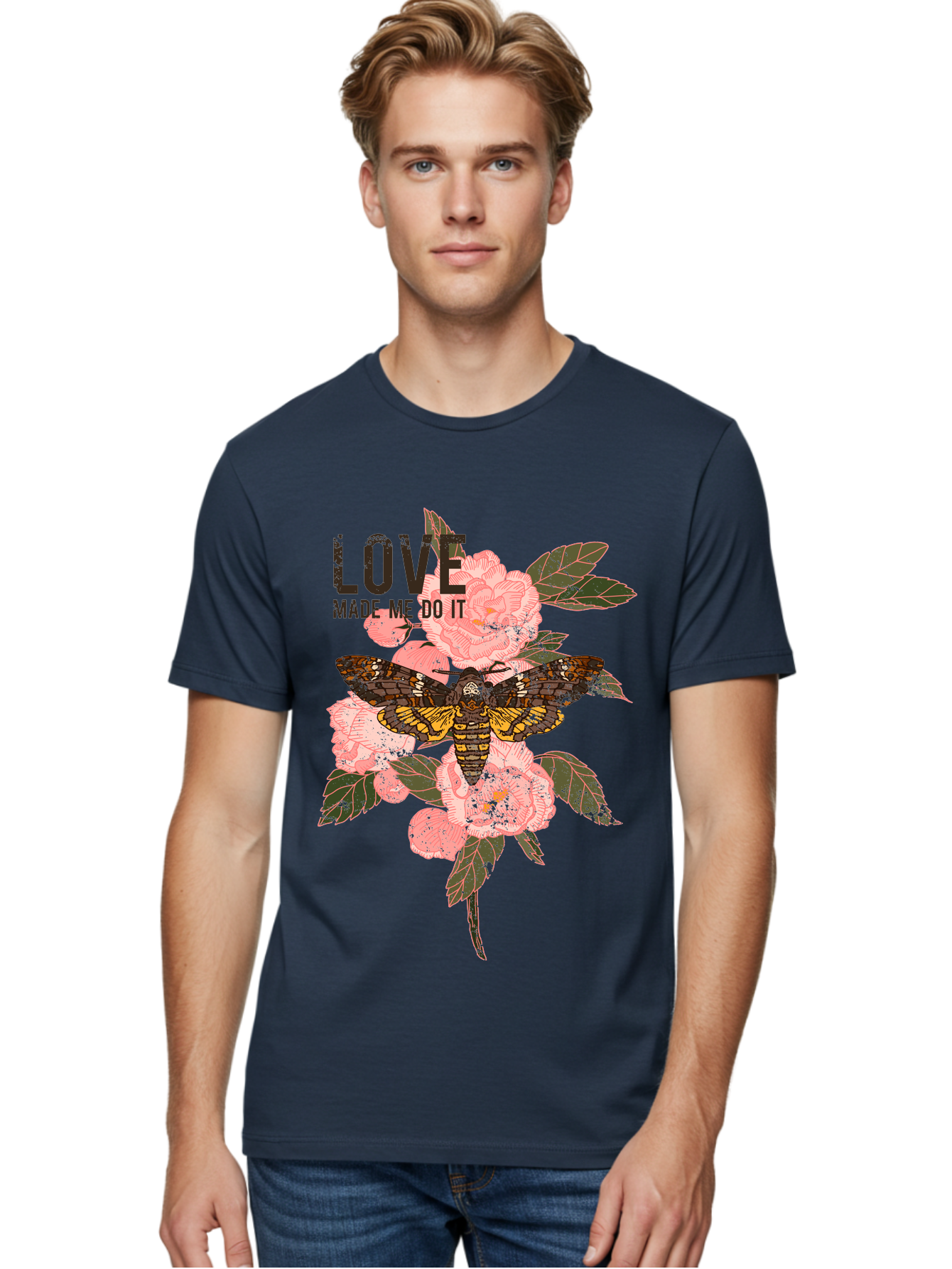 Rose Butterfly -Men Men'S Graphic Tee, 100% Cotton, Comfortable Casual Summer Wear, Machine Washable, Moth On Flowers, Pink Roses, Green Leaves, Love Made Me Do It Quote, Grunge Style, Vintage Aesthetic, Insect Art, Floral Design, Dark Colors, Aae620 20