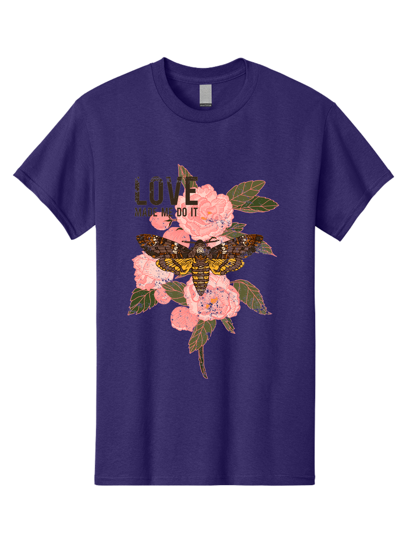 Rose Butterfly -Men Men'S Graphic Tee, 100% Cotton, Comfortable Casual Summer Wear, Machine Washable, Moth On Flowers, Pink Roses, Green Leaves, Love Made Me Do It Quote, Grunge Style, Vintage Aesthetic, Insect Art, Floral Design, Dark Colors, Aae620 13