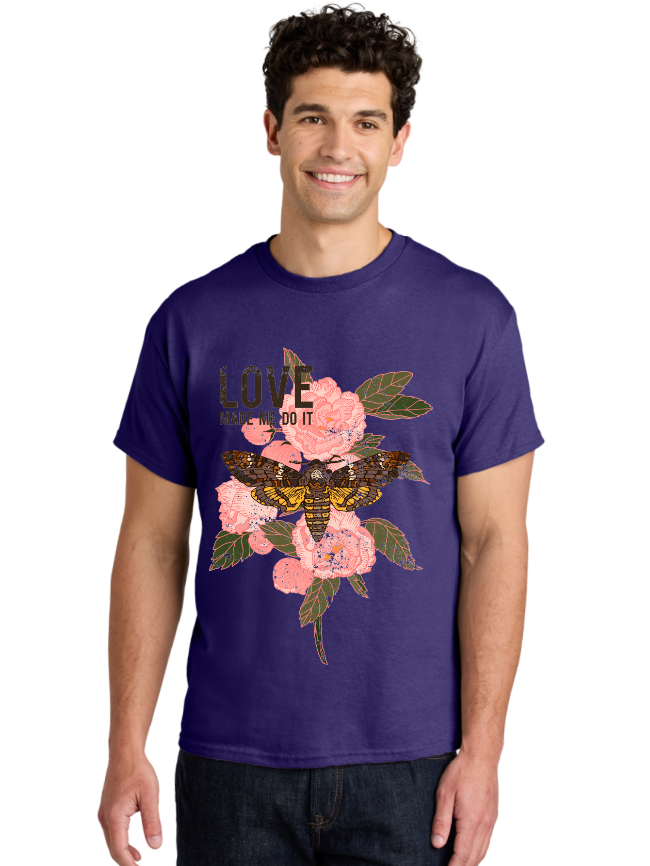 Rose Butterfly -Men Men'S Graphic Tee, 100% Cotton, Comfortable Casual Summer Wear, Machine Washable, Moth On Flowers, Pink Roses, Green Leaves, Love Made Me Do It Quote, Grunge Style, Vintage Aesthetic, Insect Art, Floral Design, Dark Colors, Aae620 14
