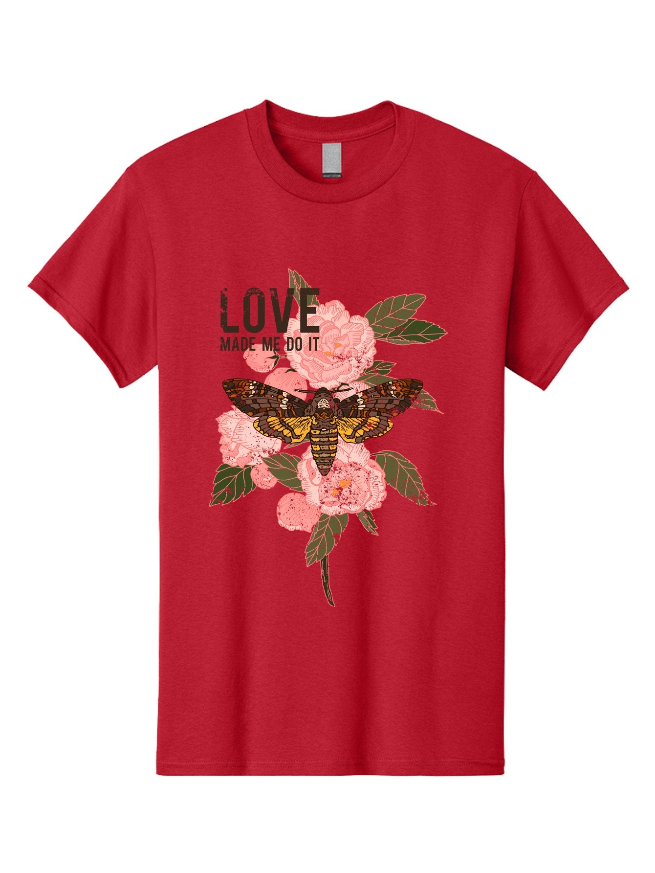 Rose Butterfly -Men Men'S Graphic Tee, 100% Cotton, Comfortable Casual Summer Wear, Machine Washable, Moth On Flowers, Pink Roses, Green Leaves, Love Made Me Do It Quote, Grunge Style, Vintage Aesthetic, Insect Art, Floral Design, Dark Colors, Aae620 4