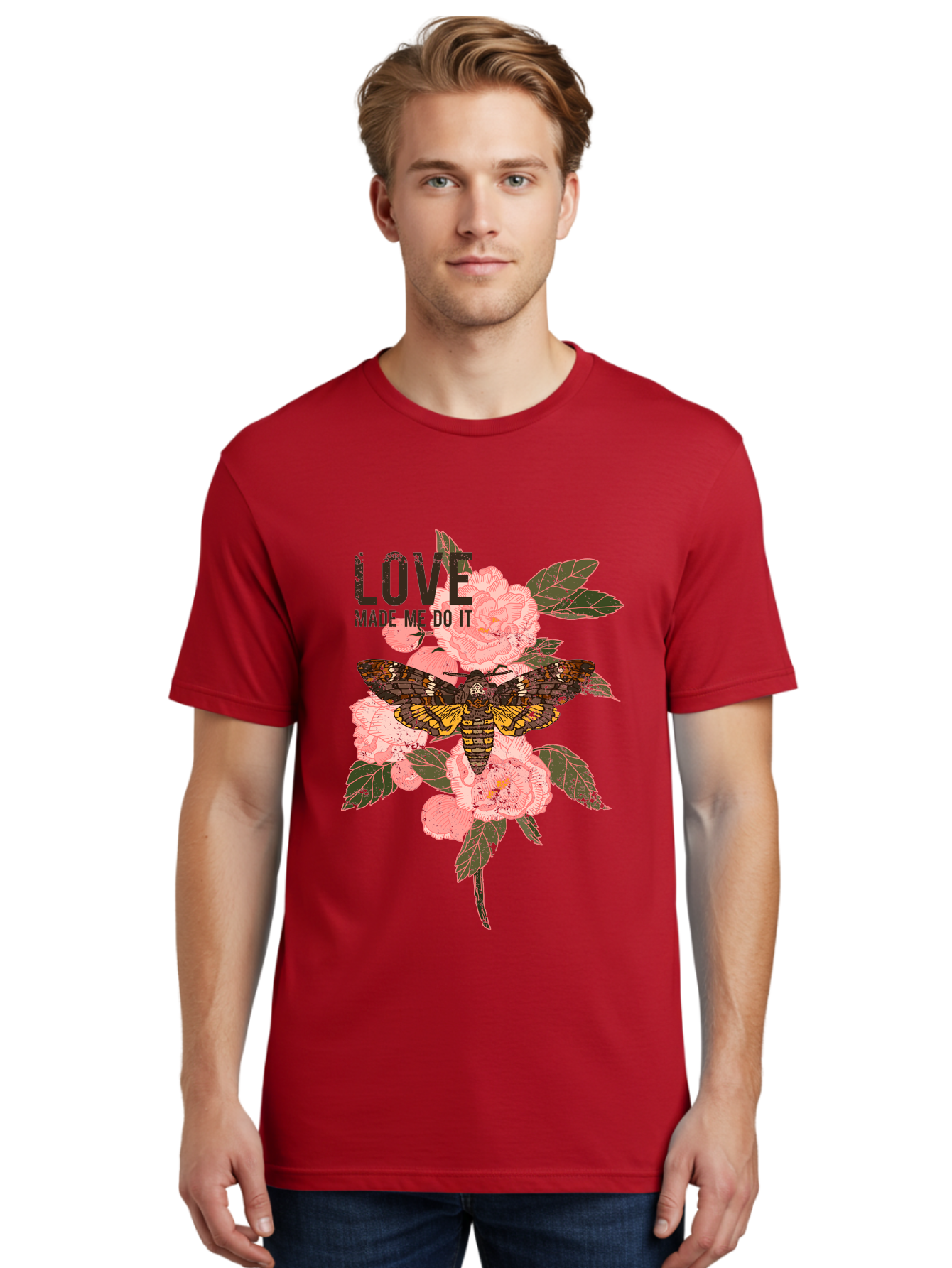 Rose Butterfly -Men Men'S Graphic Tee, 100% Cotton, Comfortable Casual Summer Wear, Machine Washable, Moth On Flowers, Pink Roses, Green Leaves, Love Made Me Do It Quote, Grunge Style, Vintage Aesthetic, Insect Art, Floral Design, Dark Colors, Aae620