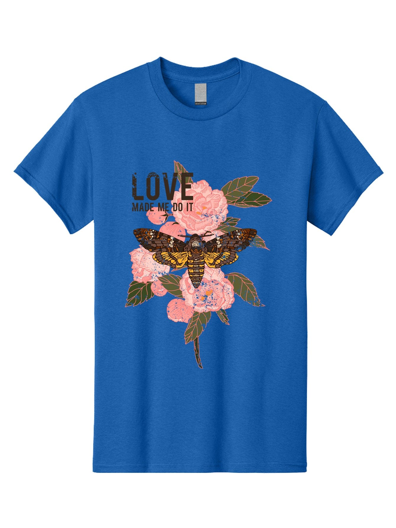 Rose Butterfly -Men Men'S Graphic Tee, 100% Cotton, Comfortable Casual Summer Wear, Machine Washable, Moth On Flowers, Pink Roses, Green Leaves, Love Made Me Do It Quote, Grunge Style, Vintage Aesthetic, Insect Art, Floral Design, Dark Colors, Aae620 5