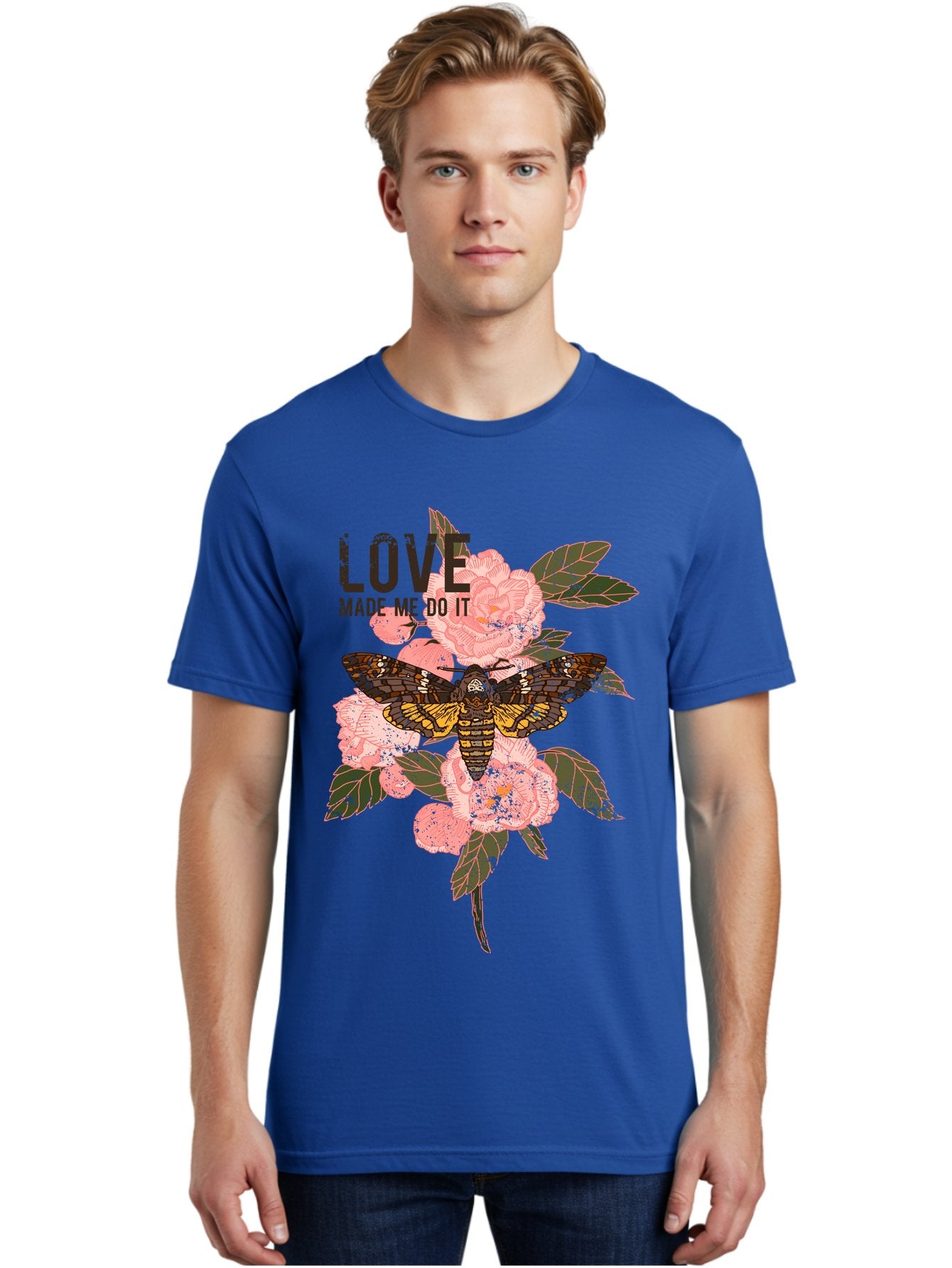 Rose Butterfly -Men Men'S Graphic Tee, 100% Cotton, Comfortable Casual Summer Wear, Machine Washable, Moth On Flowers, Pink Roses, Green Leaves, Love Made Me Do It Quote, Grunge Style, Vintage Aesthetic, Insect Art, Floral Design, Dark Colors, Aae620 23