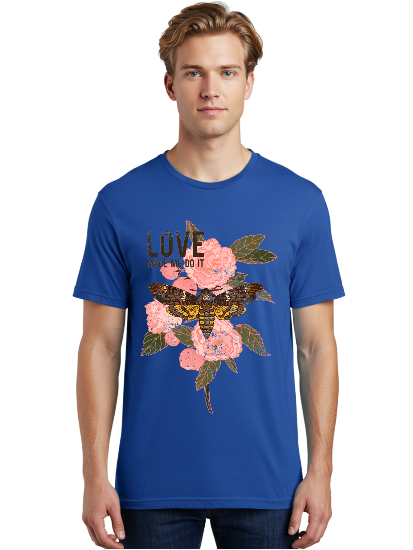 Rose Butterfly -Men Men'S Graphic Tee, 100% Cotton, Comfortable Casual Summer Wear, Machine Washable, Moth On Flowers, Pink Roses, Green Leaves, Love Made Me Do It Quote, Grunge Style, Vintage Aesthetic, Insect Art, Floral Design, Dark Colors, Aae620 30
