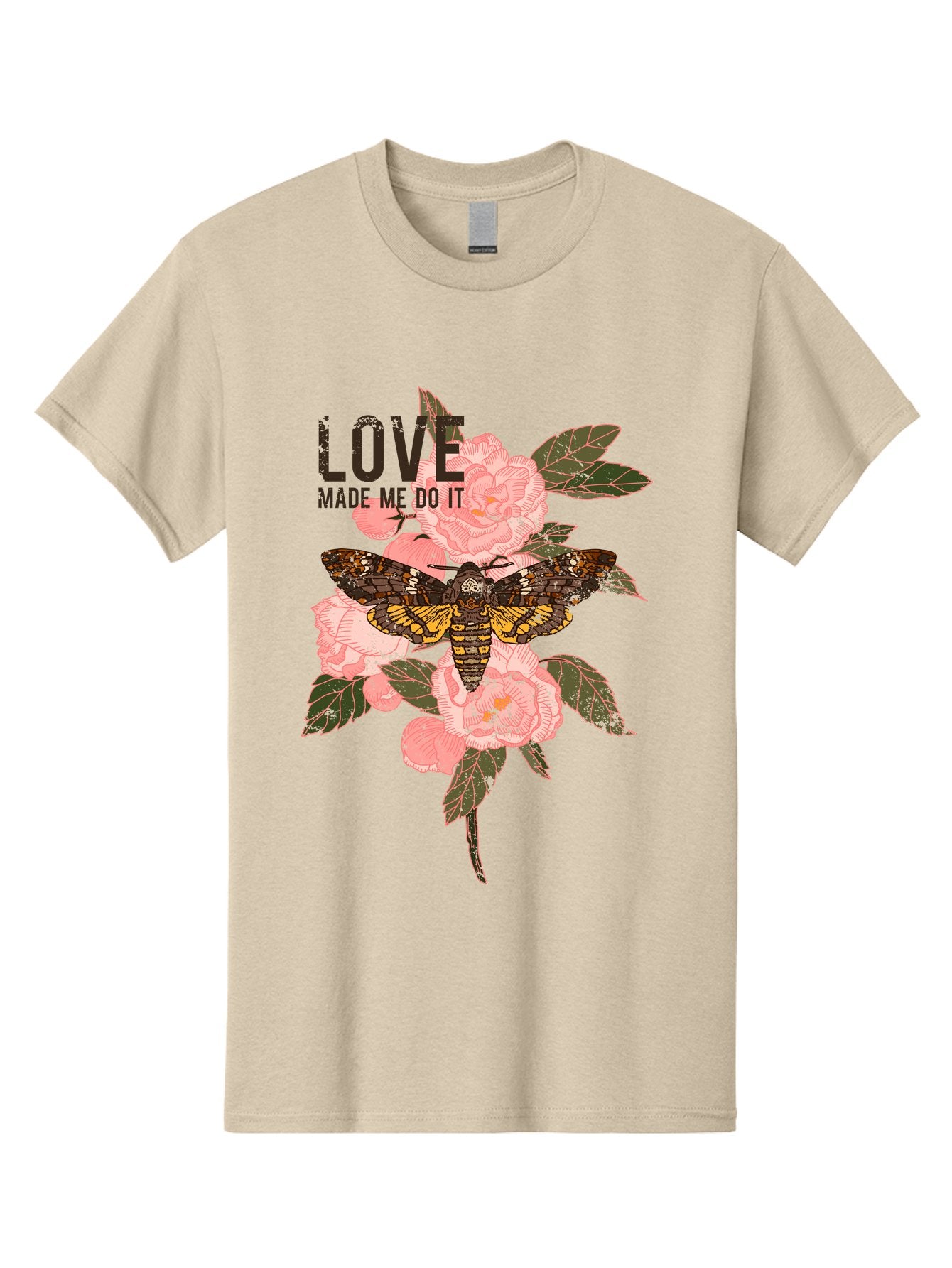 Rose Butterfly -Men Men'S Graphic Tee, 100% Cotton, Comfortable Casual Summer Wear, Machine Washable, Moth On Flowers, Pink Roses, Green Leaves, Love Made Me Do It Quote, Grunge Style, Vintage Aesthetic, Insect Art, Floral Design, Dark Colors, Aae620 9