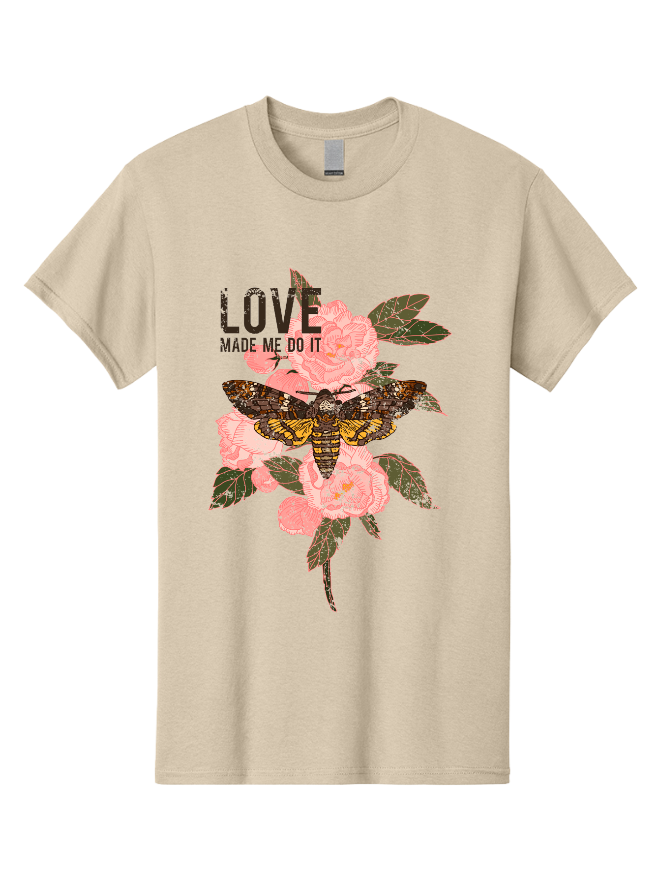 Rose Butterfly -Men Men'S Graphic Tee, 100% Cotton, Comfortable Casual Summer Wear, Machine Washable, Moth On Flowers, Pink Roses, Green Leaves, Love Made Me Do It Quote, Grunge Style, Vintage Aesthetic, Insect Art, Floral Design, Dark Colors, Aae620 3