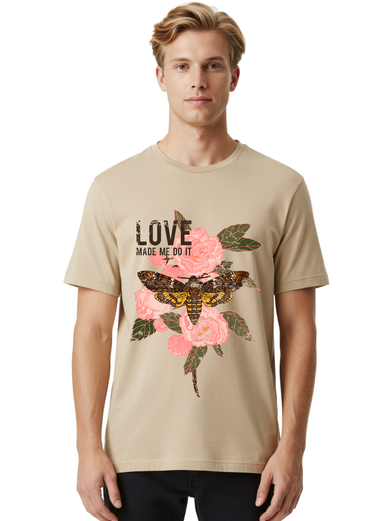 Rose Butterfly -Men Men'S Graphic Tee, 100% Cotton, Comfortable Casual Summer Wear, Machine Washable, Moth On Flowers, Pink Roses, Green Leaves, Love Made Me Do It Quote, Grunge Style, Vintage Aesthetic, Insect Art, Floral Design, Dark Colors, Aae620 4