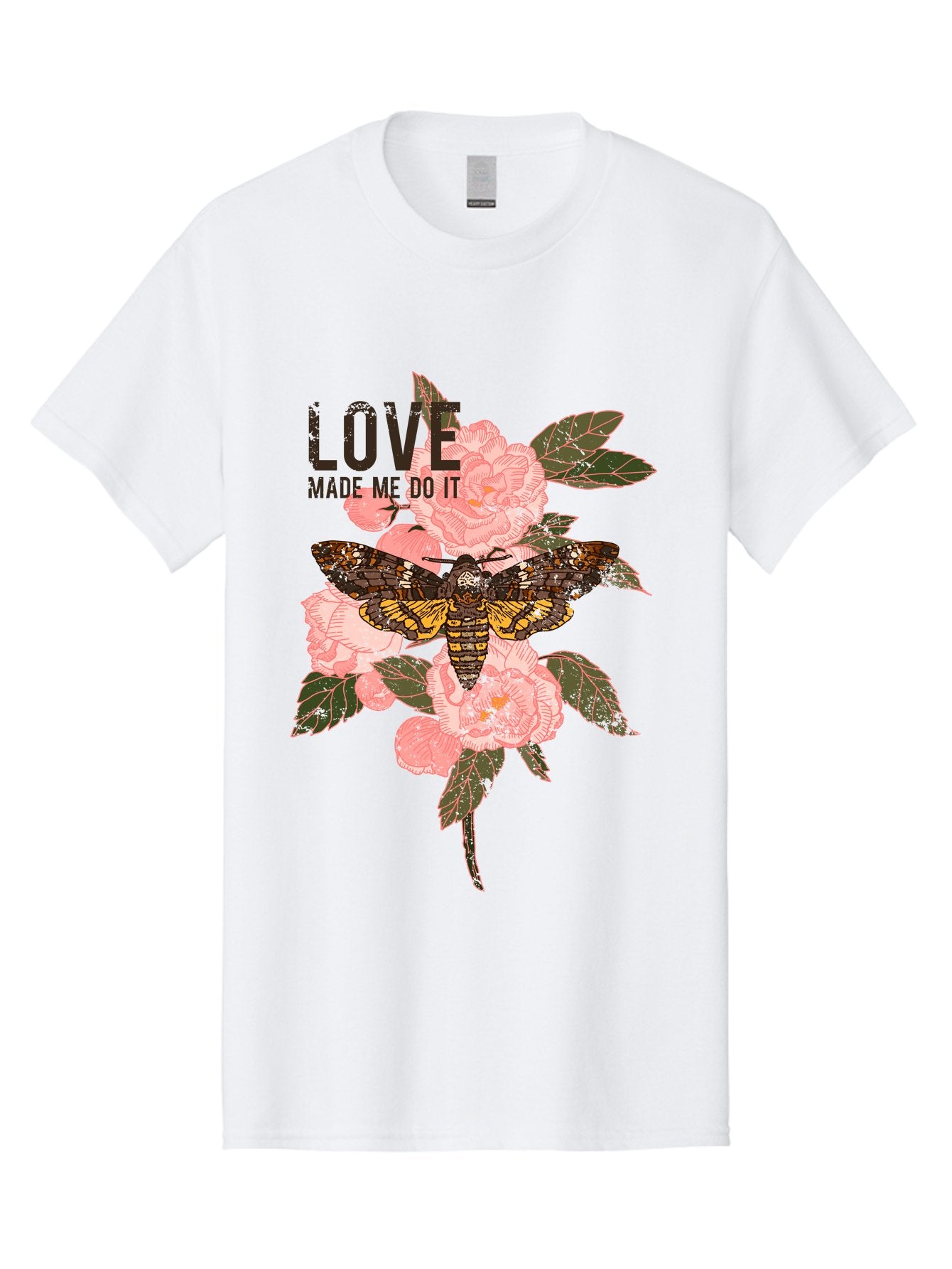 Rose Butterfly -Men Men'S Graphic Tee, 100% Cotton, Comfortable Casual Summer Wear, Machine Washable, Moth On Flowers, Pink Roses, Green Leaves, Love Made Me Do It Quote, Grunge Style, Vintage Aesthetic, Insect Art, Floral Design, Dark Colors, Aae620 7