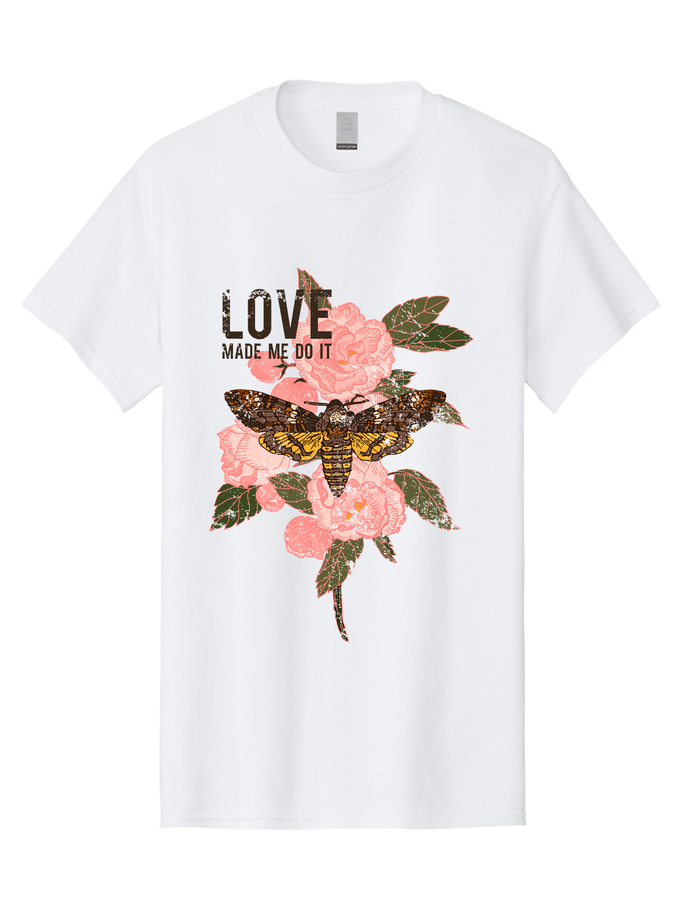 Rose Butterfly -Men Men'S Graphic Tee, 100% Cotton, Comfortable Casual Summer Wear, Machine Washable, Moth On Flowers, Pink Roses, Green Leaves, Love Made Me Do It Quote, Grunge Style, Vintage Aesthetic, Insect Art, Floral Design, Dark Colors, Aae620 17