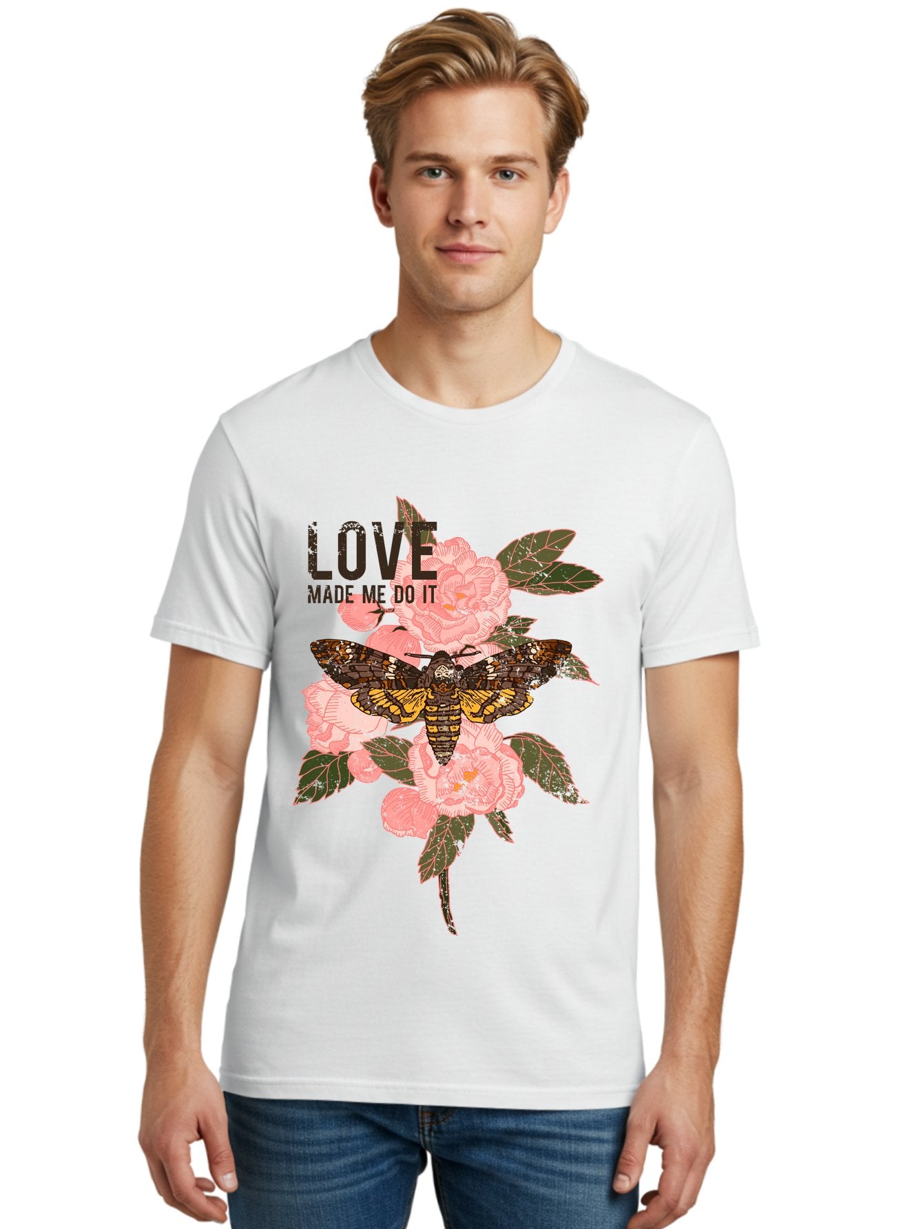 Rose Butterfly -Men Men'S Graphic Tee, 100% Cotton, Comfortable Casual Summer Wear, Machine Washable, Moth On Flowers, Pink Roses, Green Leaves, Love Made Me Do It Quote, Grunge Style, Vintage Aesthetic, Insect Art, Floral Design, Dark Colors, Aae620 16