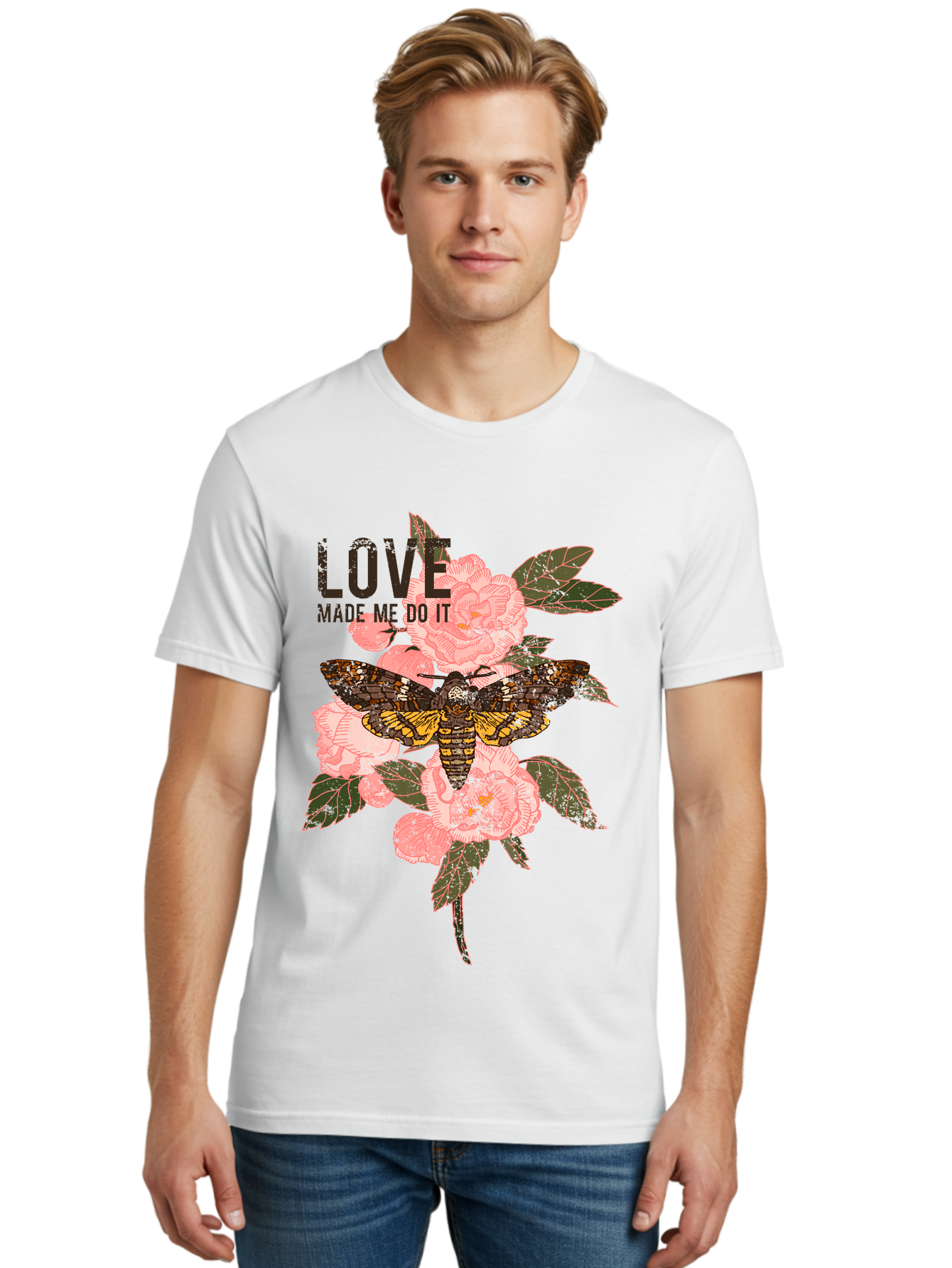 Rose Butterfly -Men Men'S Graphic Tee, 100% Cotton, Comfortable Casual Summer Wear, Machine Washable, Moth On Flowers, Pink Roses, Green Leaves, Love Made Me Do It Quote, Grunge Style, Vintage Aesthetic, Insect Art, Floral Design, Dark Colors, Aae620 18