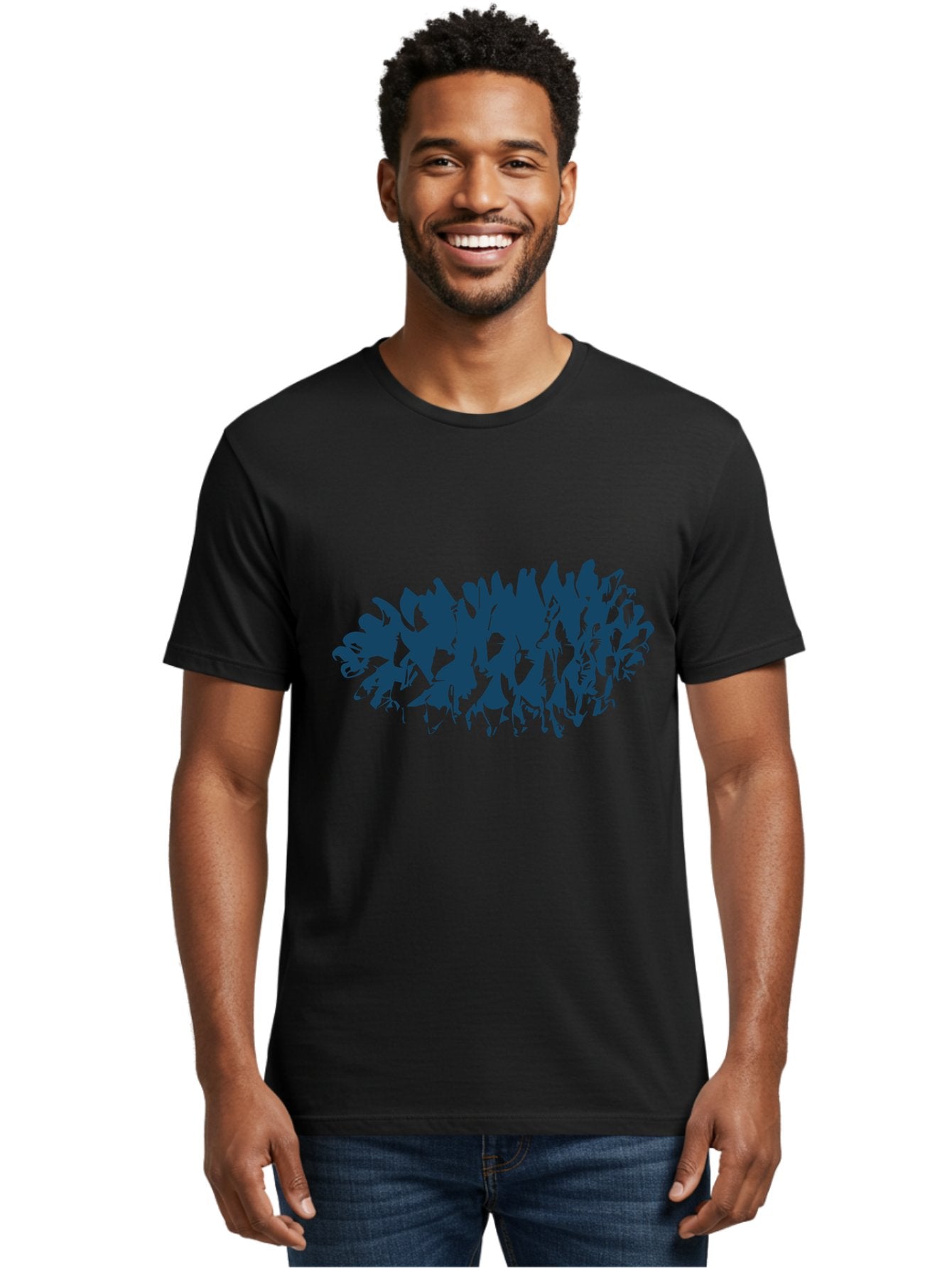 Rustic Pine Cluster Men'S Graphic Tee, 100% Cotton, Comfortable Casual Summer Wear, Machine Washable, Silhouette Of Horses, Group Of Horses, Galloping Horses, Abstract Horses, Dark Blue Horses, Dynamic Movement, Chaotic Movement, Horse Shapes, Aae627 20