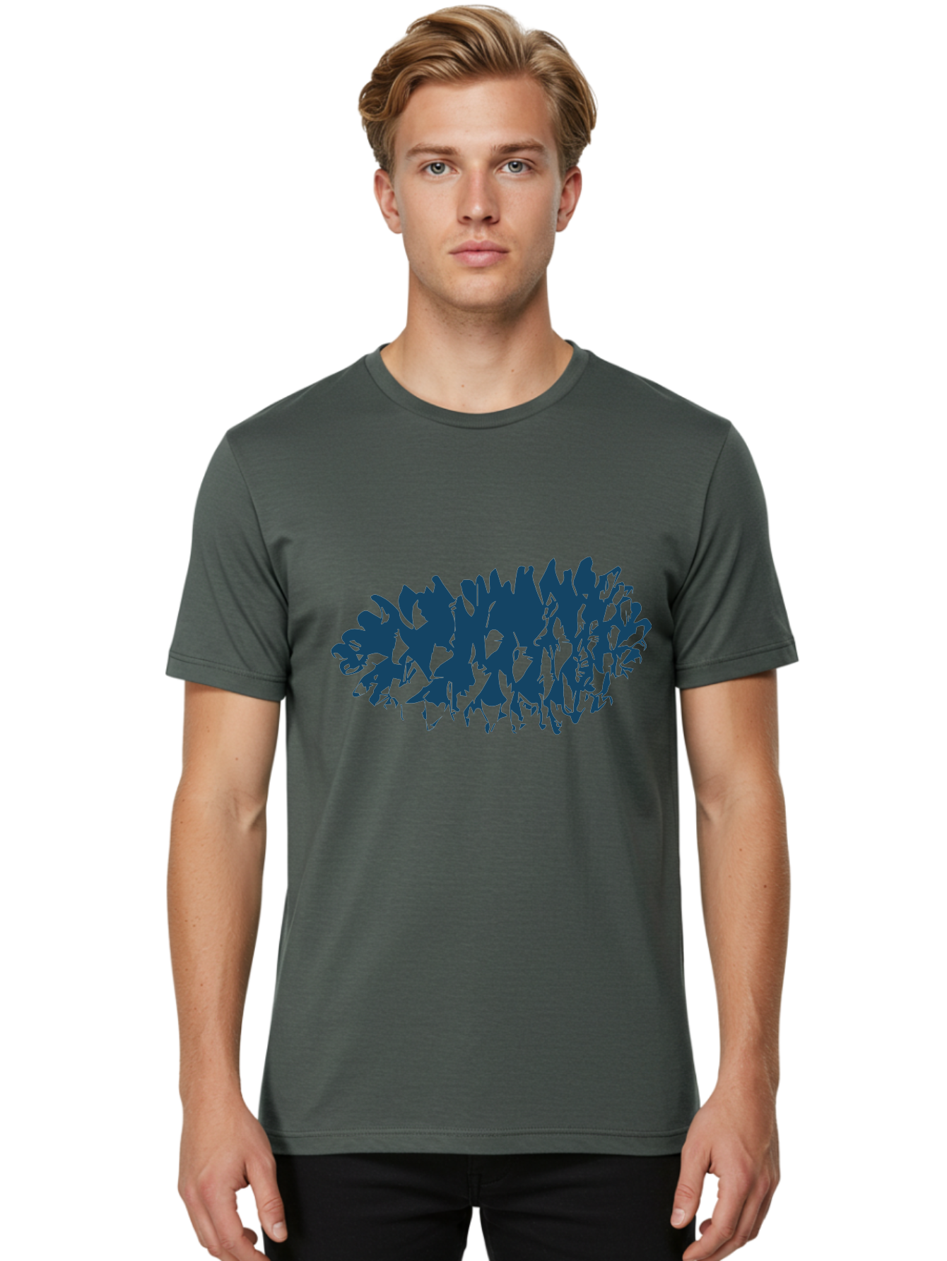 Rustic Pine Cluster Men'S Graphic Tee, 100% Cotton, Comfortable Casual Summer Wear, Machine Washable, Silhouette Of Horses, Group Of Horses, Galloping Horses, Abstract Horses, Dark Blue Horses, Dynamic Movement, Chaotic Movement, Horse Shapes, Aae627 10