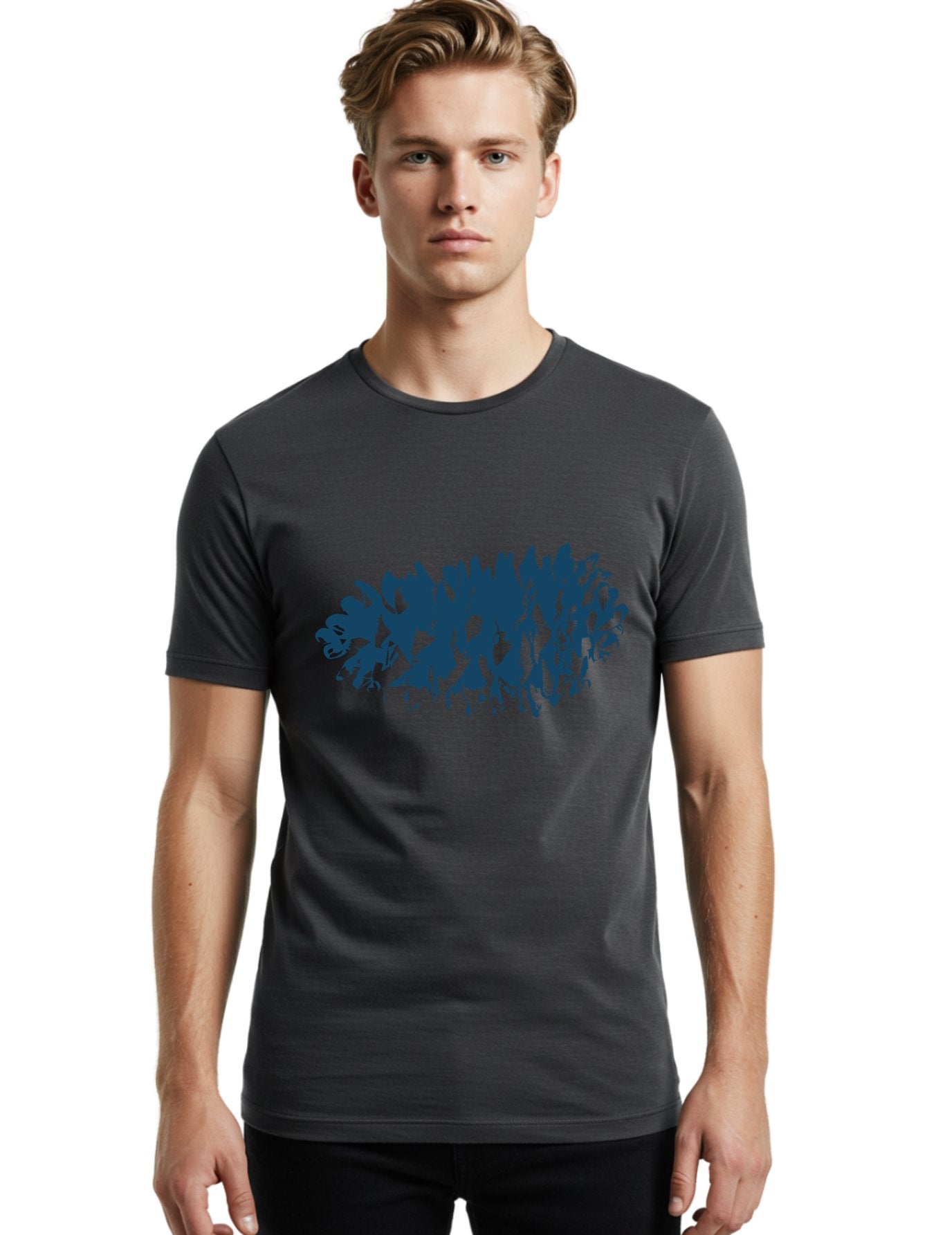 Rustic Pine Cluster Men'S Graphic Tee, 100% Cotton, Comfortable Casual Summer Wear, Machine Washable, Silhouette Of Horses, Group Of Horses, Galloping Horses, Abstract Horses, Dark Blue Horses, Dynamic Movement, Chaotic Movement, Horse Shapes, Aae627 19