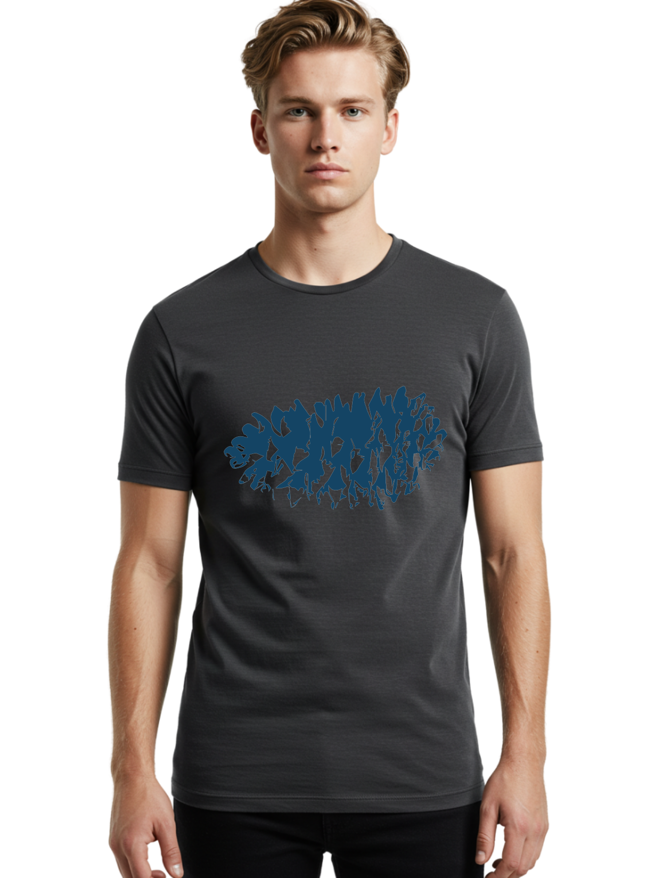 Rustic Pine Cluster Men'S Graphic Tee, 100% Cotton, Comfortable Casual Summer Wear, Machine Washable, Silhouette Of Horses, Group Of Horses, Galloping Horses, Abstract Horses, Dark Blue Horses, Dynamic Movement, Chaotic Movement, Horse Shapes, Aae627 6