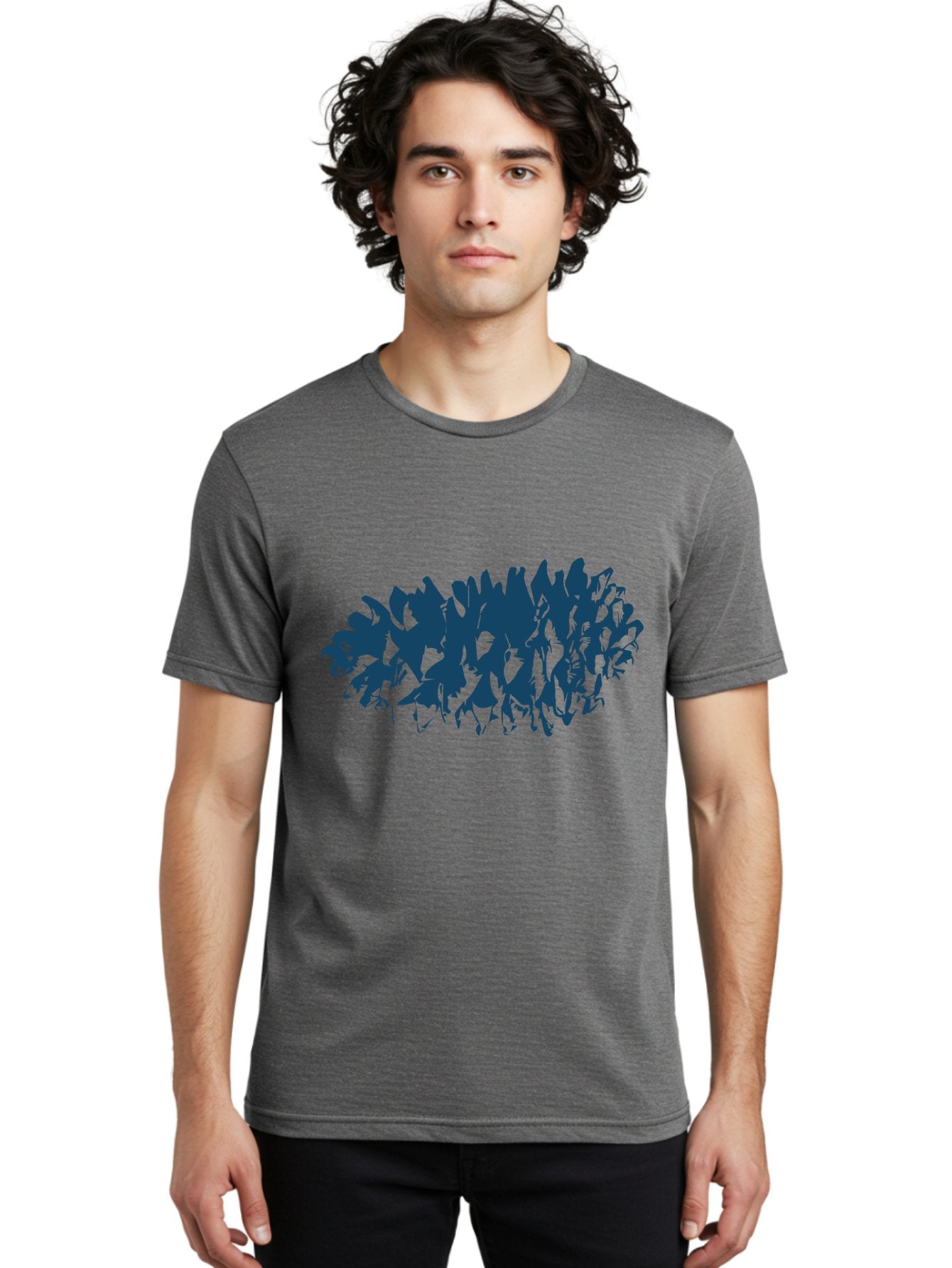 Rustic Pine Cluster Men'S Graphic Tee, 100% Cotton, Comfortable Casual Summer Wear, Machine Washable, Silhouette Of Horses, Group Of Horses, Galloping Horses, Abstract Horses, Dark Blue Horses, Dynamic Movement, Chaotic Movement, Horse Shapes, Aae627 16