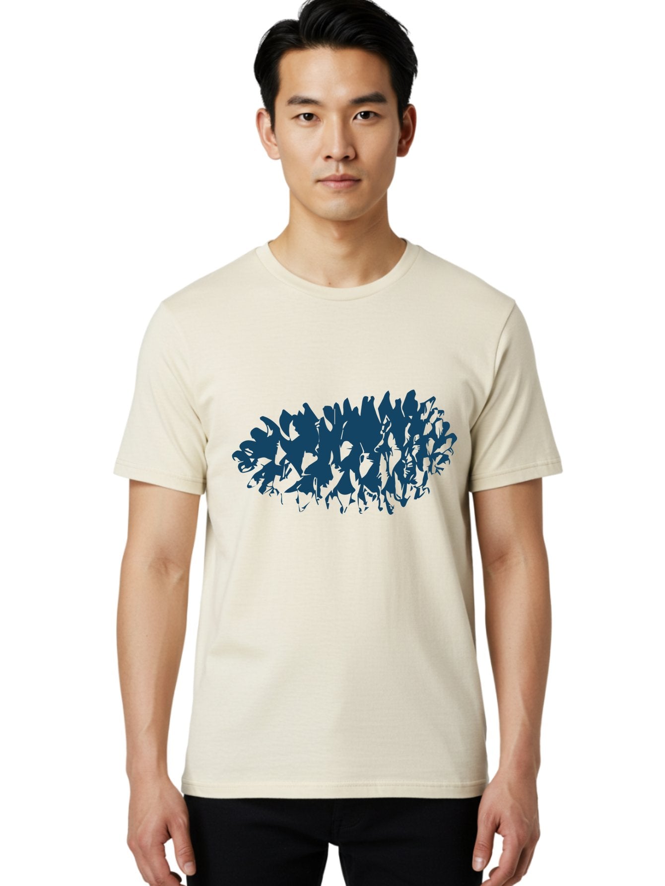 Rustic Pine Cluster Men'S Graphic Tee, 100% Cotton, Comfortable Casual Summer Wear, Machine Washable, Silhouette Of Horses, Group Of Horses, Galloping Horses, Abstract Horses, Dark Blue Horses, Dynamic Movement, Chaotic Movement, Horse Shapes, Aae627 22