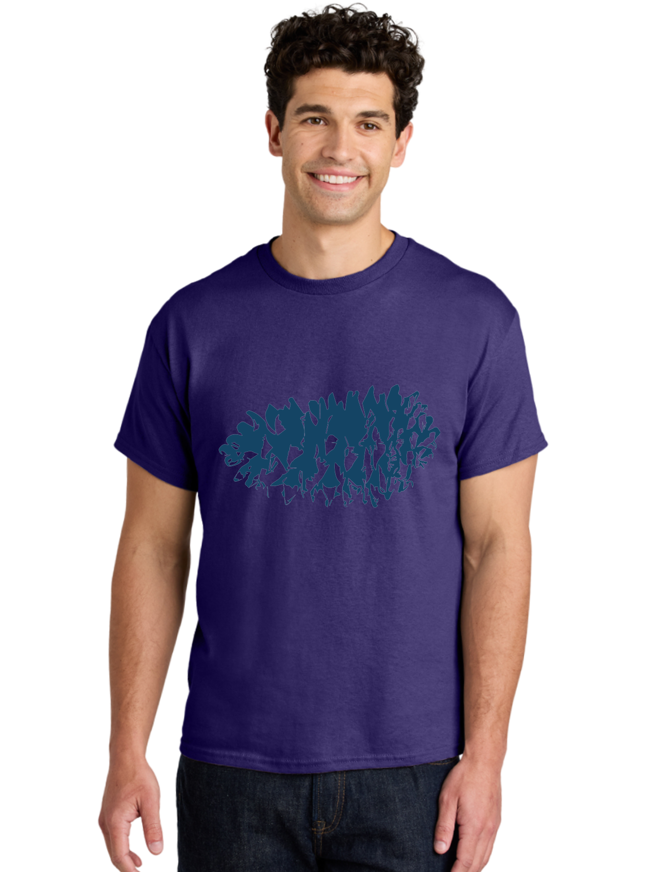 Rustic Pine Cluster Men'S Graphic Tee, 100% Cotton, Comfortable Casual Summer Wear, Machine Washable, Silhouette Of Horses, Group Of Horses, Galloping Horses, Abstract Horses, Dark Blue Horses, Dynamic Movement, Chaotic Movement, Horse Shapes, Aae627 26