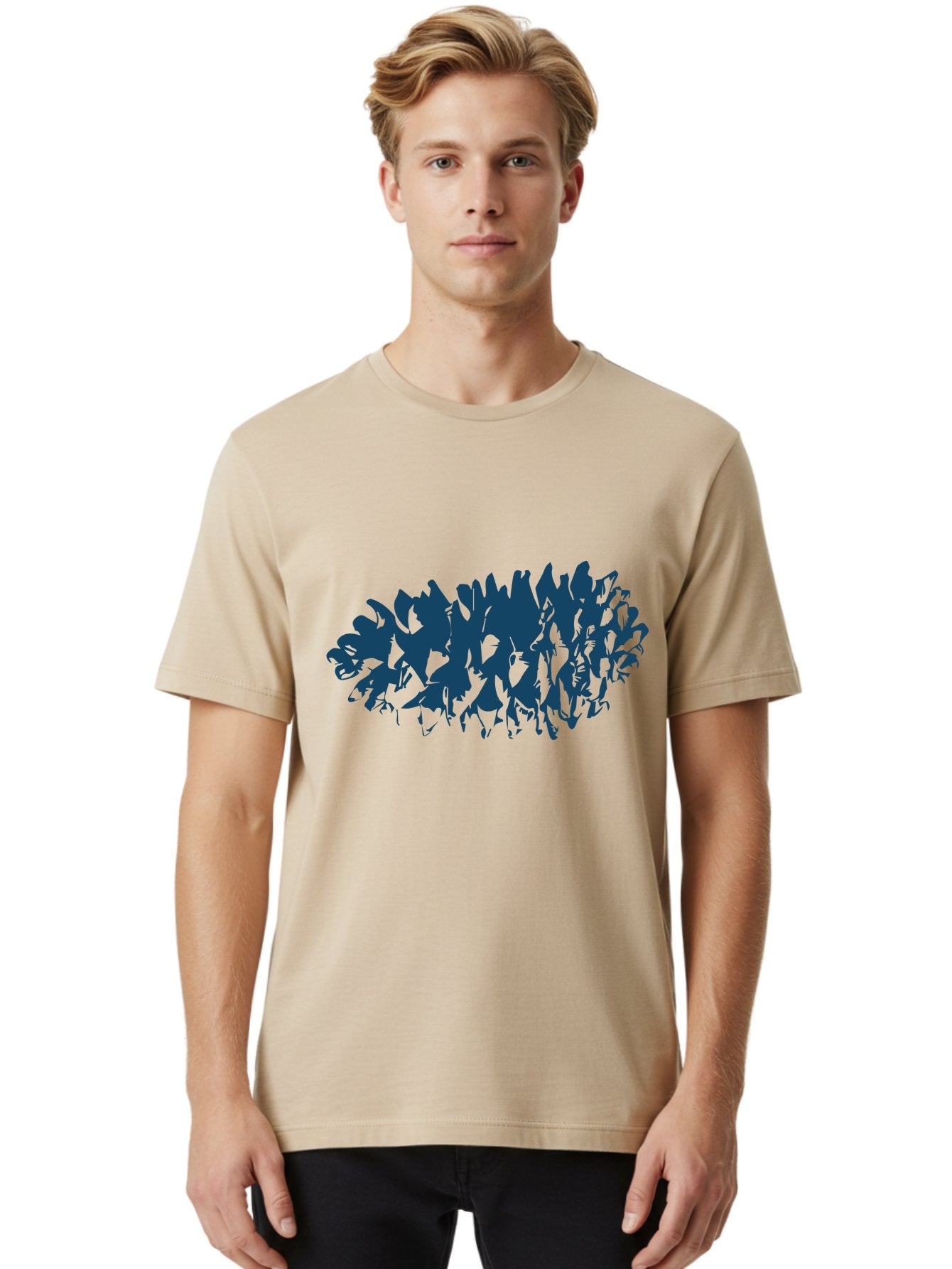 Rustic Pine Cluster Men'S Graphic Tee, 100% Cotton, Comfortable Casual Summer Wear, Machine Washable, Silhouette Of Horses, Group Of Horses, Galloping Horses, Abstract Horses, Dark Blue Horses, Dynamic Movement, Chaotic Movement, Horse Shapes, Aae627 25