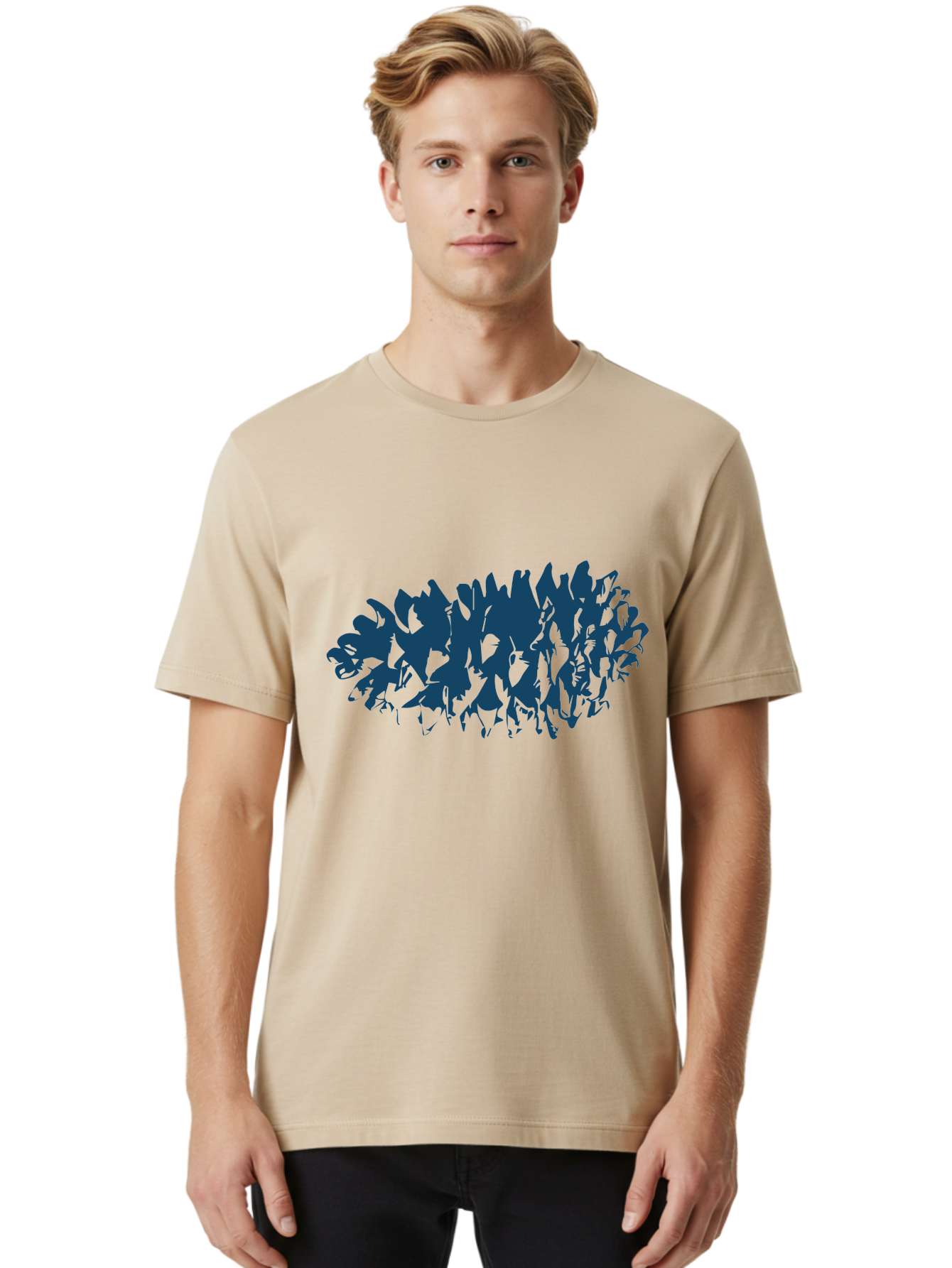 Rustic Pine Cluster Men'S Graphic Tee, 100% Cotton, Comfortable Casual Summer Wear, Machine Washable, Silhouette Of Horses, Group Of Horses, Galloping Horses, Abstract Horses, Dark Blue Horses, Dynamic Movement, Chaotic Movement, Horse Shapes, Aae627 12